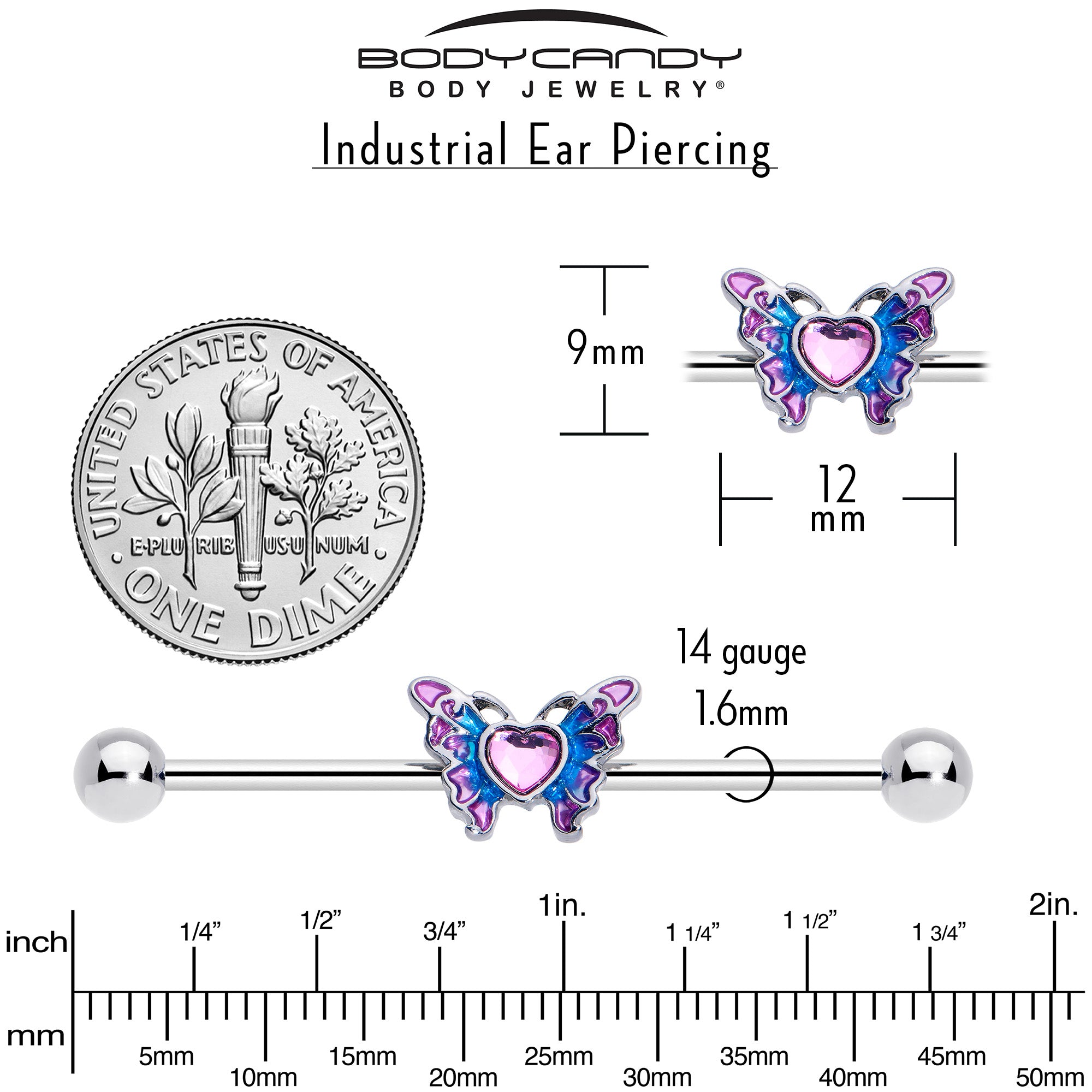 14 Gauge Pink Gem Heart Butterfly Purple Industrial Barbell 38mm