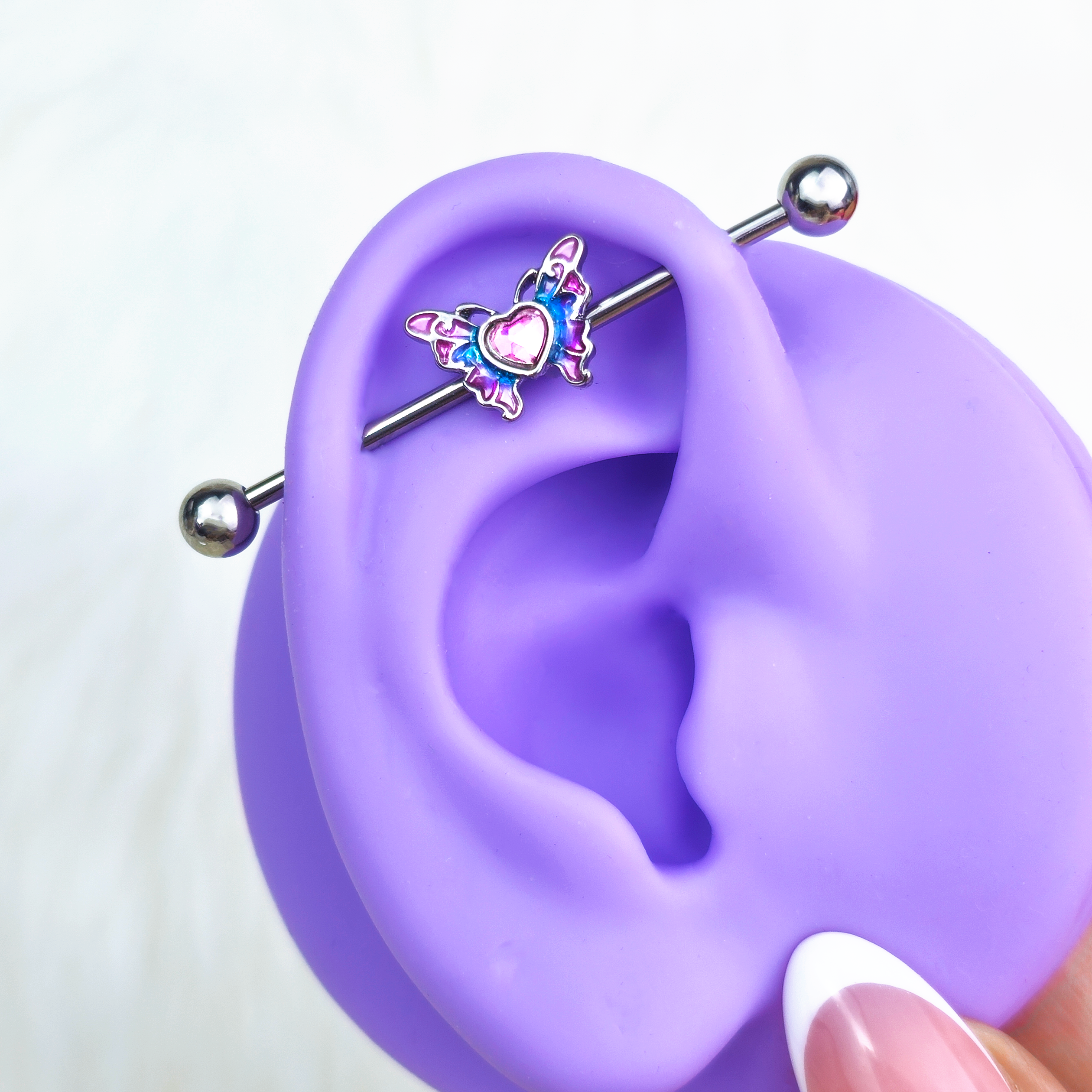 14 Gauge Pink Gem Heart Butterfly Purple Industrial Barbell 38mm