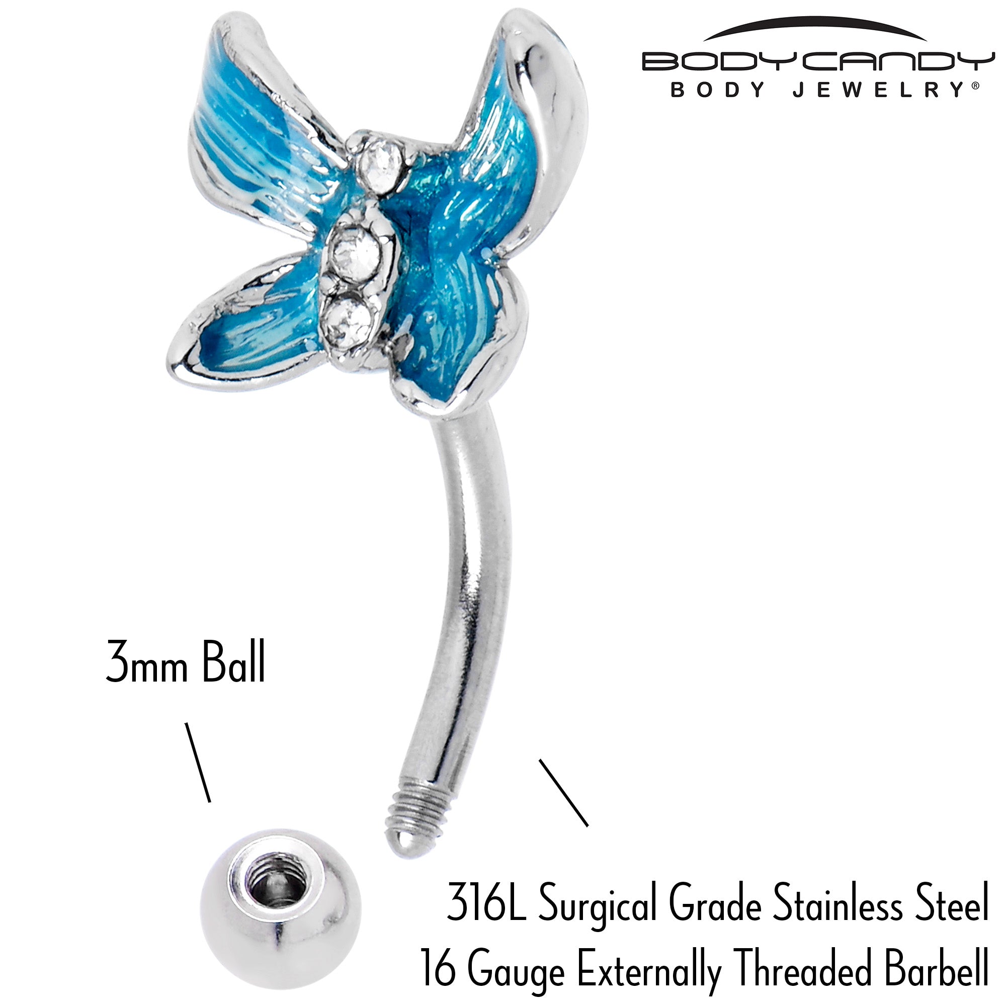 16 Gauge 5/16 Clear Gem Chunky Butterfly Blue Curved Eyebrow Ring