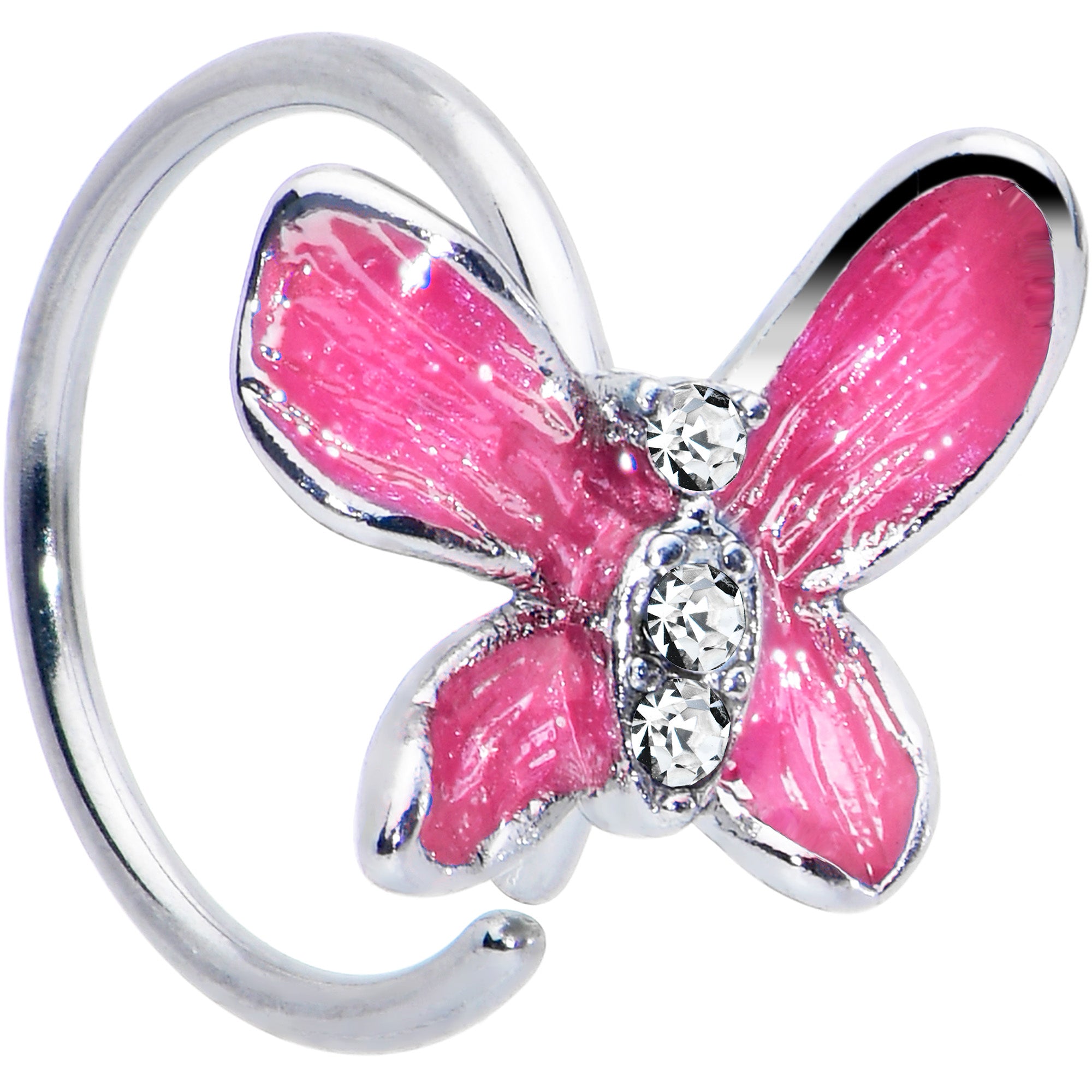 20 Gauge 5/16 Clear Gem Chunky Butterfly Pink Nose Hoop