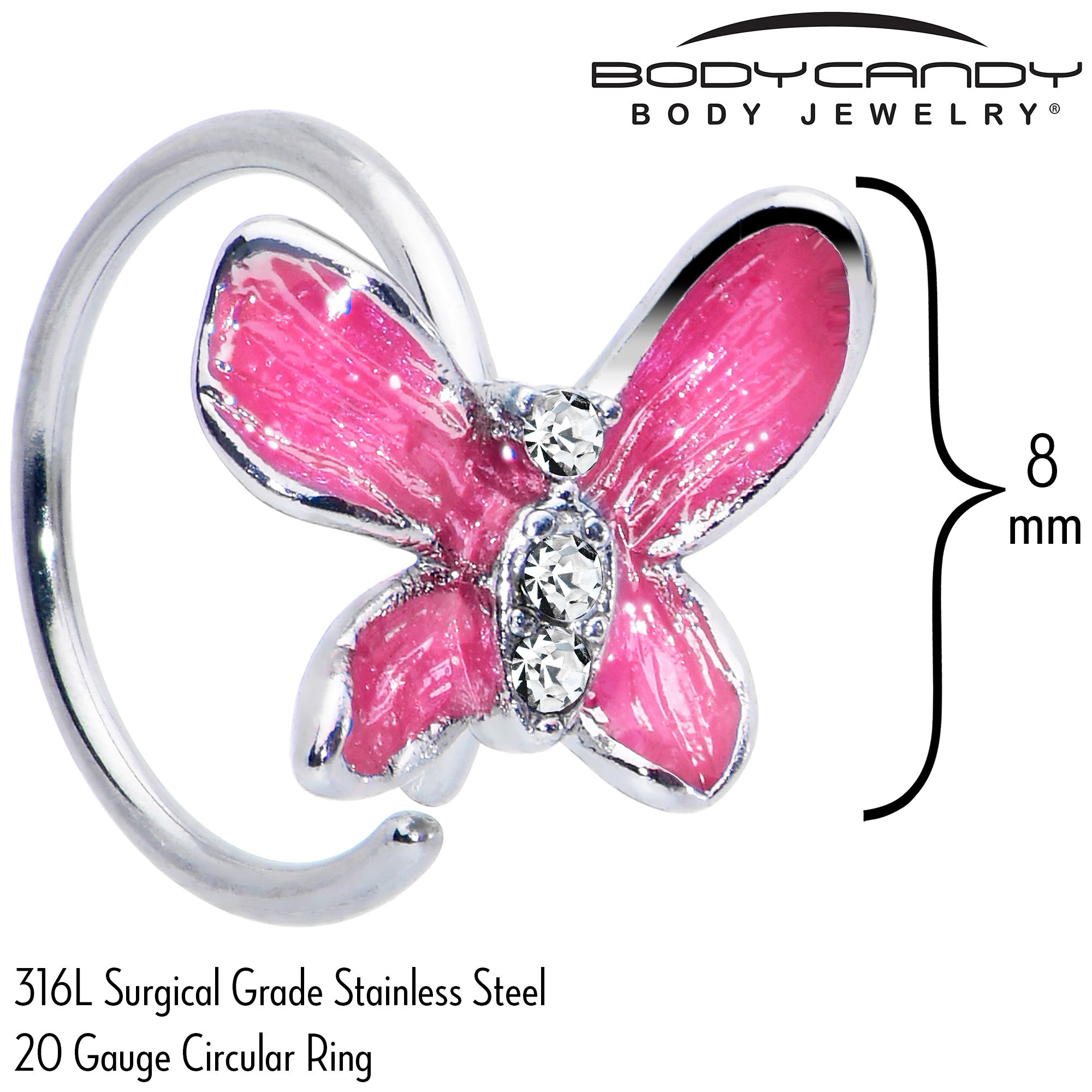 20 Gauge 5/16 Clear Gem Chunky Butterfly Pink Nose Hoop