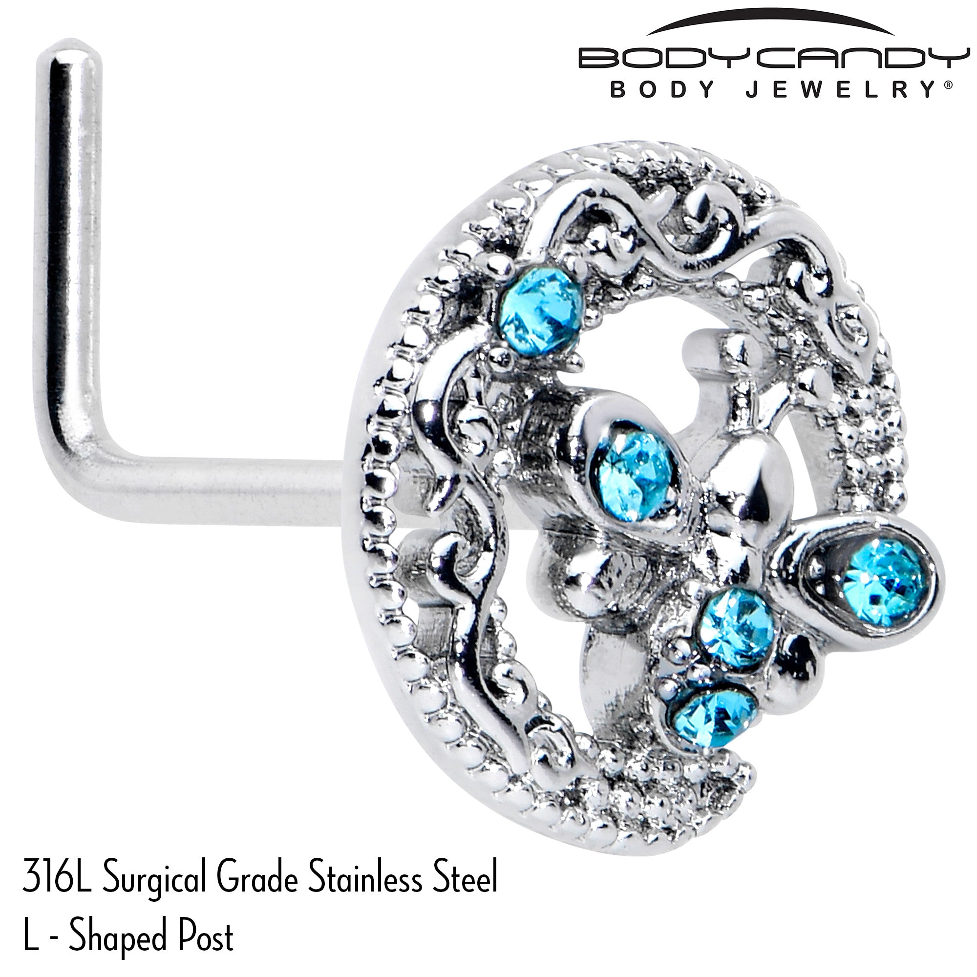 20 Gauge 7mm Blue Gem Lunar Dragonfly L Shape Nose Ring