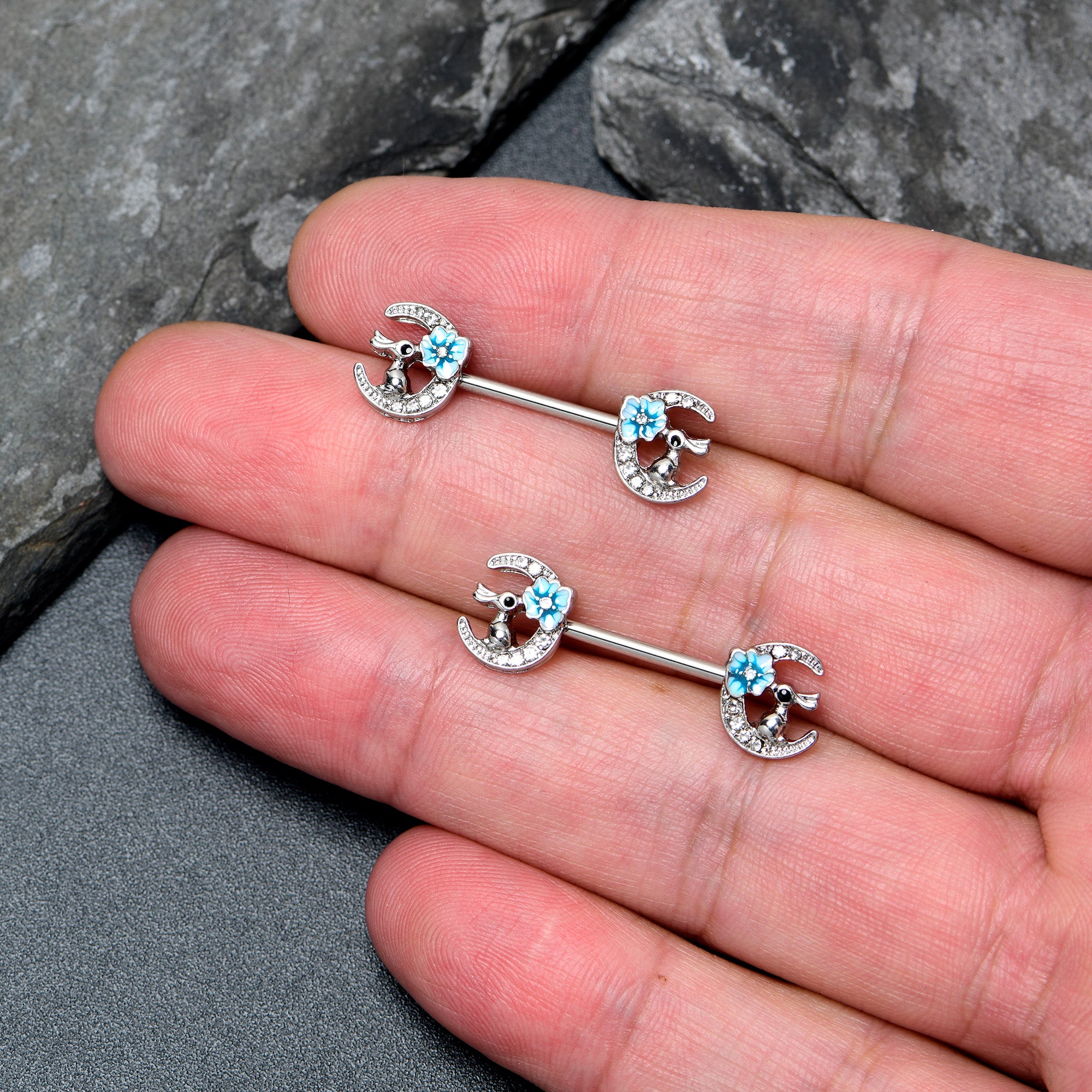 14 Gauge 9/16 Clear Gem Rabbit On Moon Flower Blue Nipple Ring Set