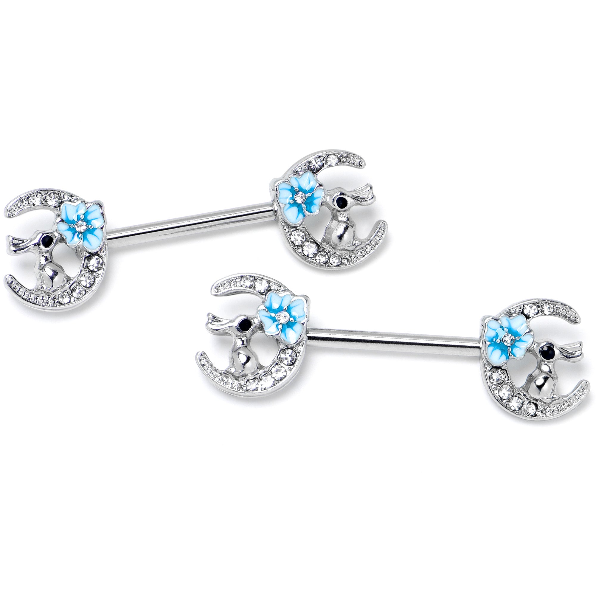 14 Gauge 9/16 Clear Gem Rabbit On Moon Flower Blue Nipple Ring Set