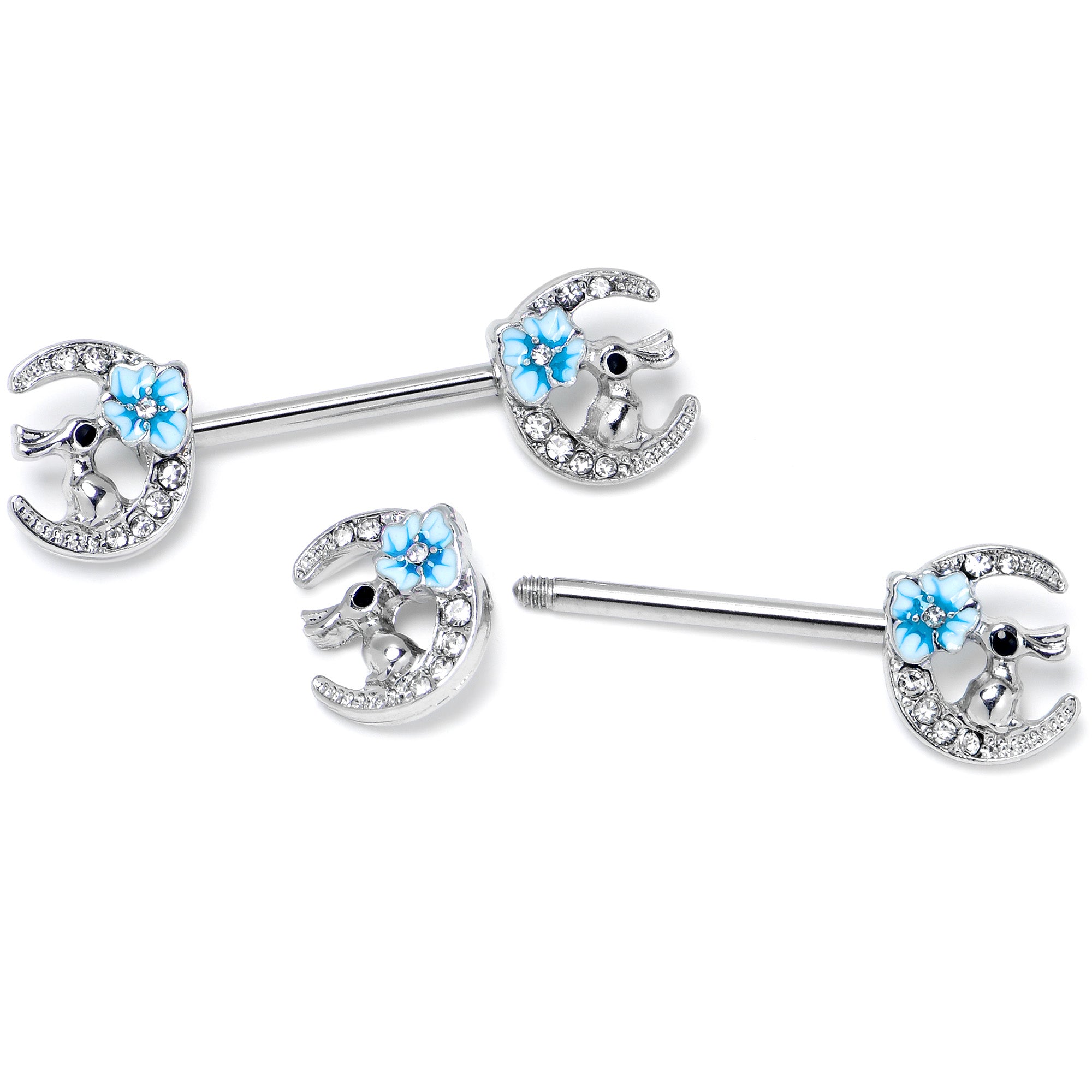 14 Gauge 9/16 Clear Gem Rabbit On Moon Flower Blue Nipple Ring Set