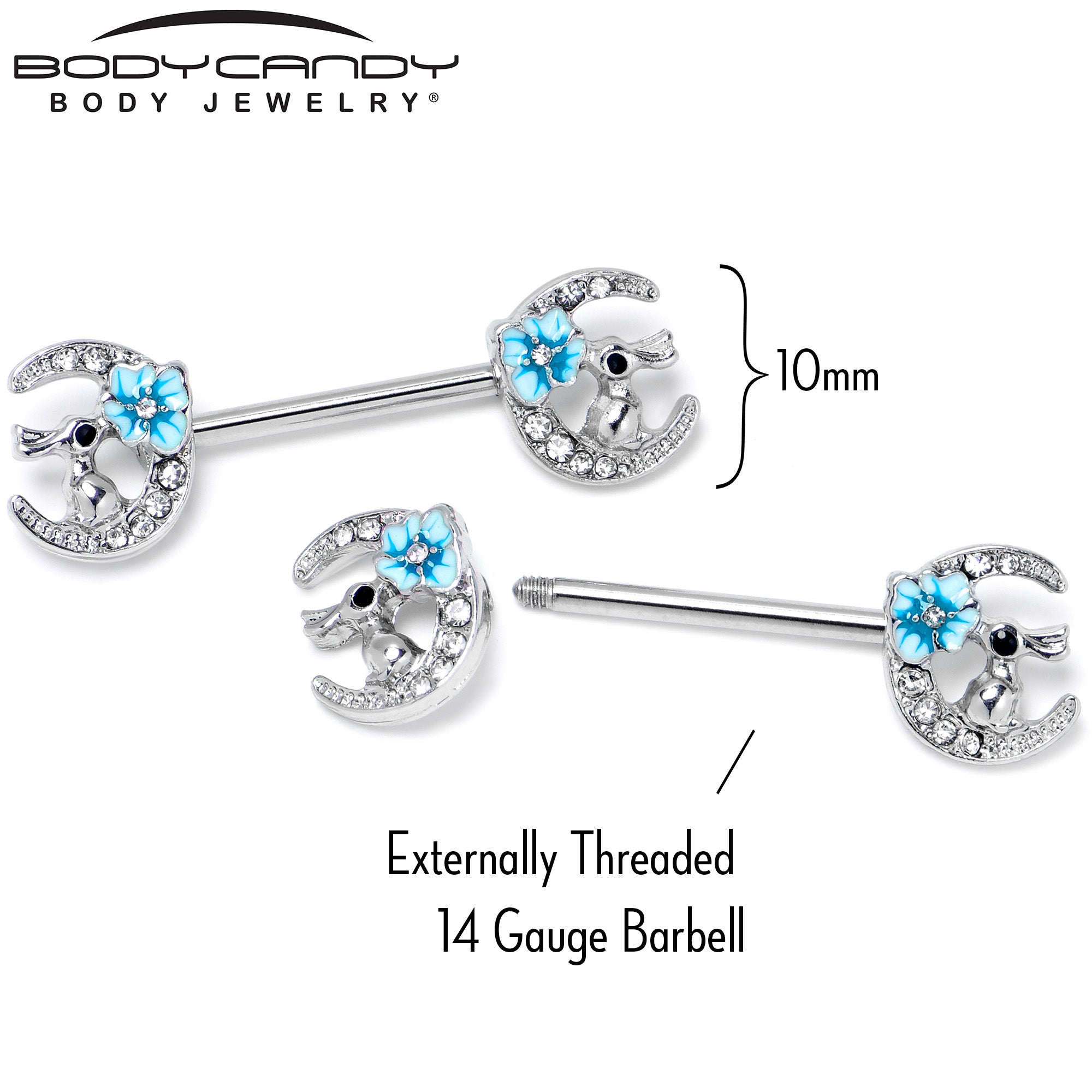 14 Gauge 9/16 Clear Gem Rabbit On Moon Flower Blue Nipple Ring Set