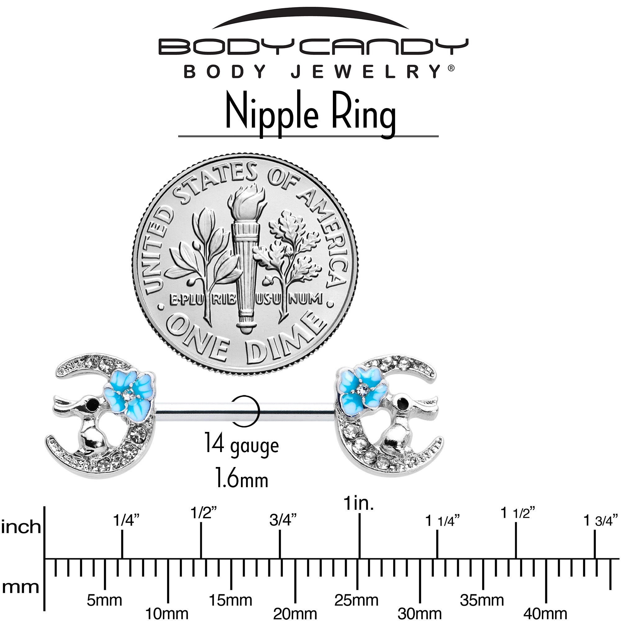 14 Gauge 9/16 Clear Gem Rabbit On Moon Flower Blue Nipple Ring Set