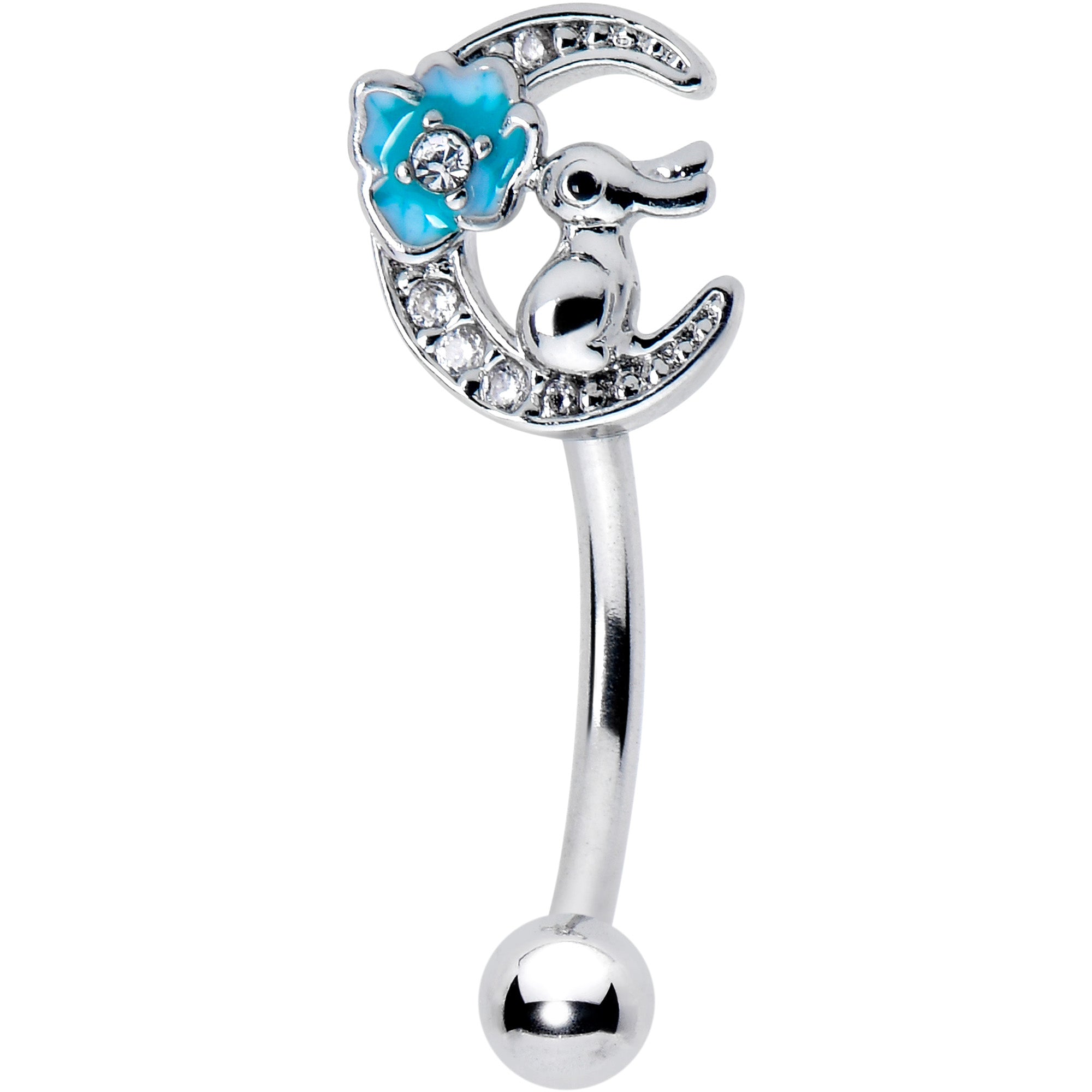 16 Gauge 5/16 Clear CZ Gem Rabbit On The Moon Blue Curved Eyebrow Ring