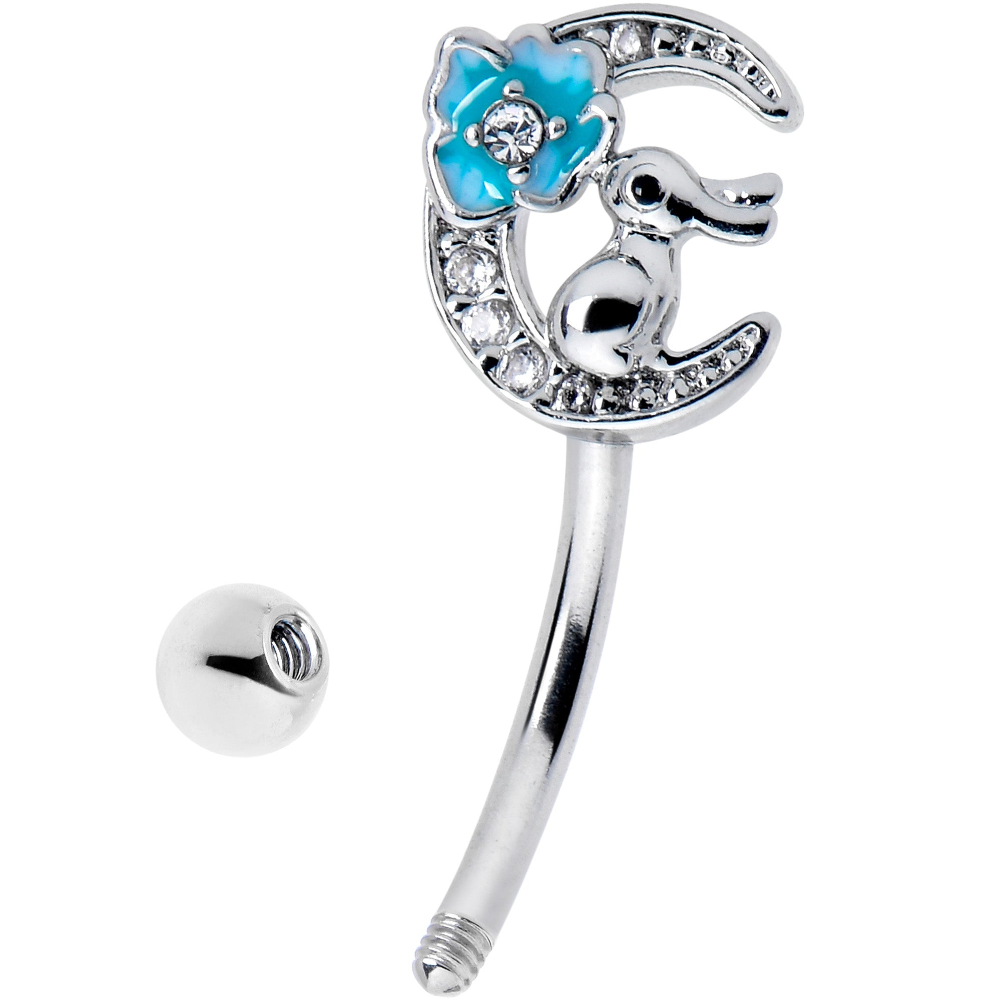 16 Gauge 5/16 Clear CZ Gem Rabbit On The Moon Blue Curved Eyebrow Ring