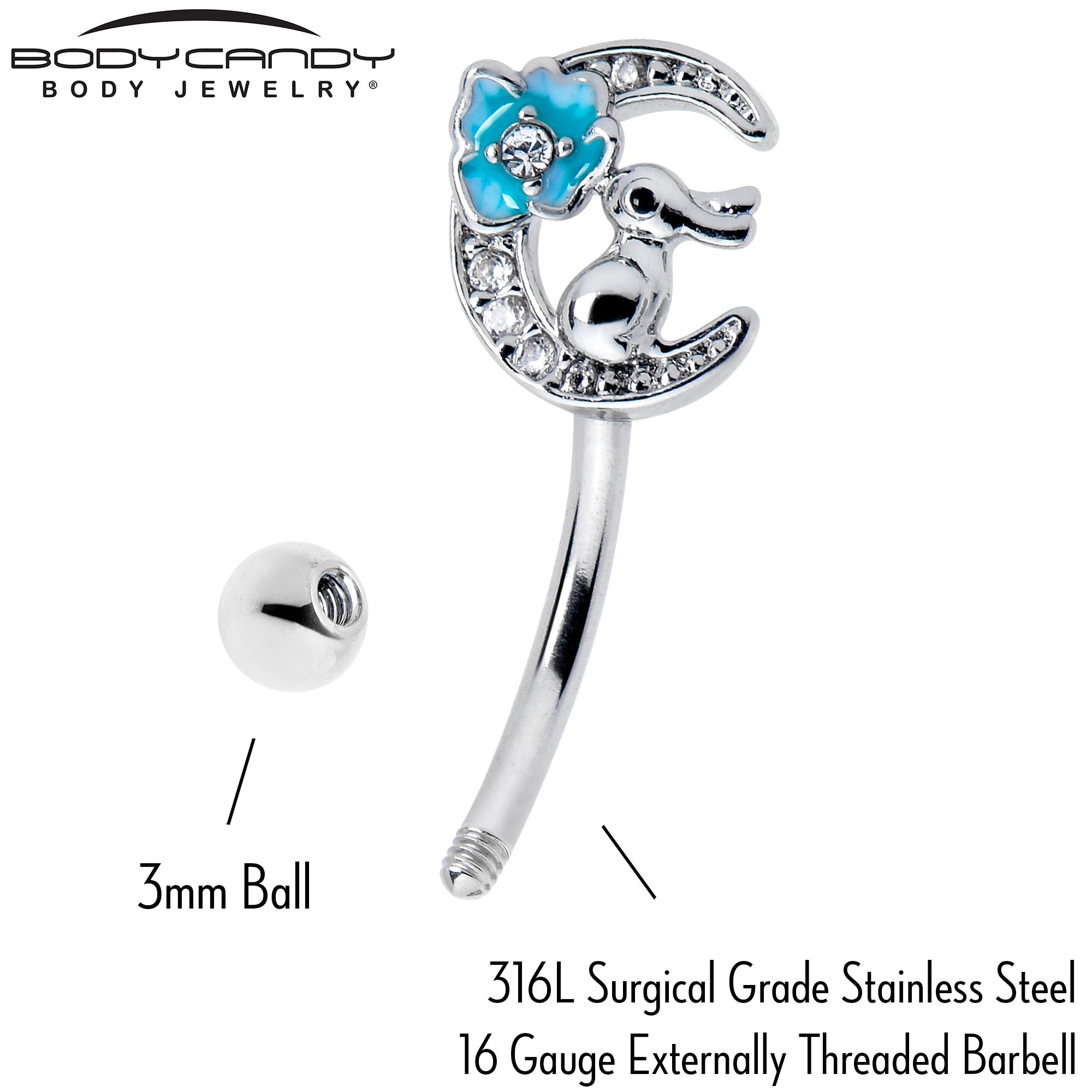 16 Gauge 5/16 Clear CZ Gem Rabbit On The Moon Blue Curved Eyebrow Ring