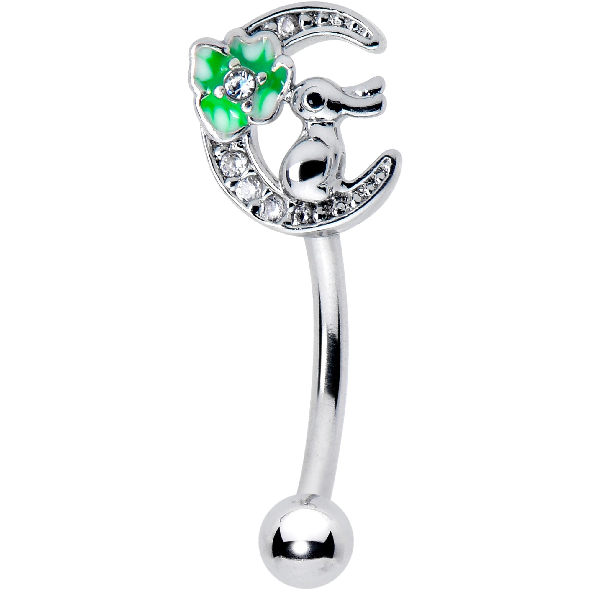 16 Gauge 5/16 Clear CZ Gem Rabbit On The Moon Green Curved Eyebrow Ring