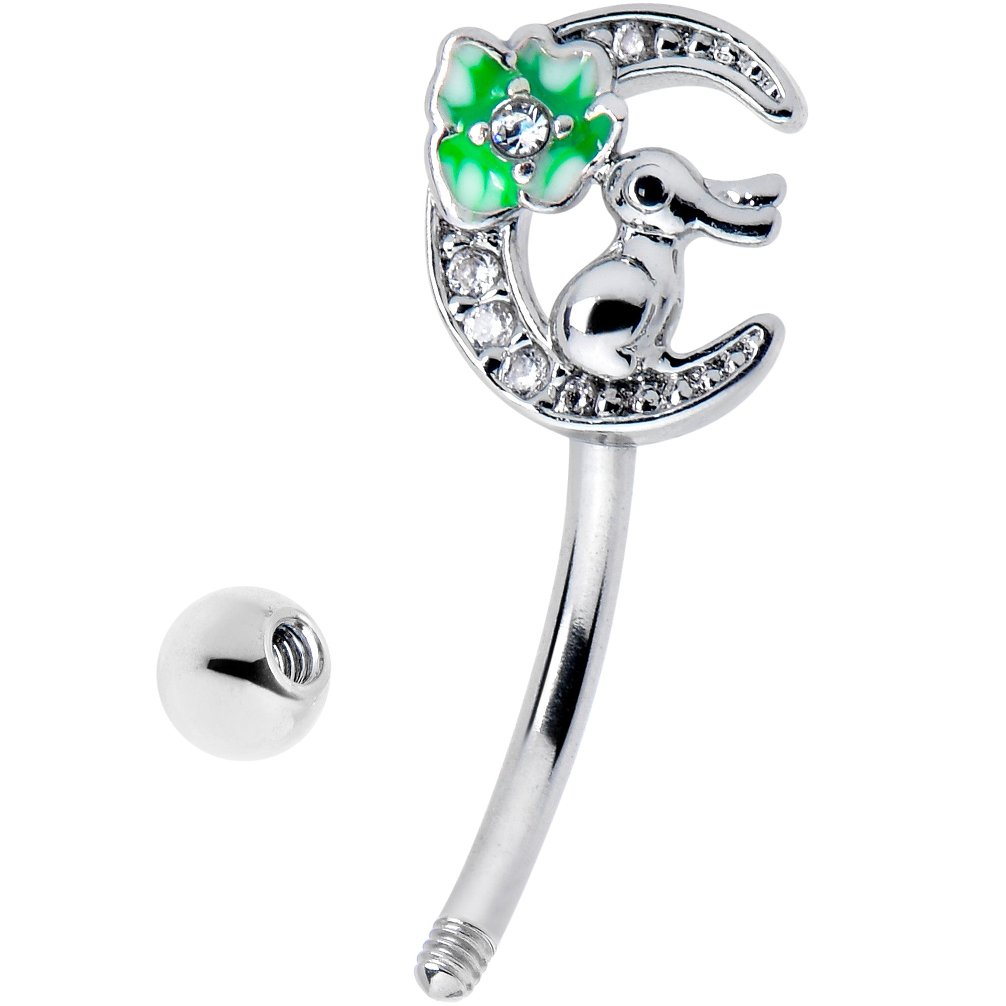 16 Gauge 5/16 Clear CZ Gem Rabbit On The Moon Green Curved Eyebrow Ring