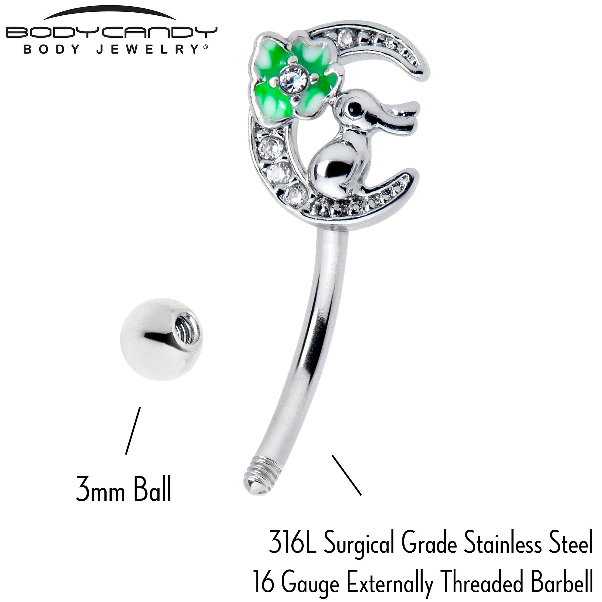 16 Gauge 5/16 Clear CZ Gem Rabbit On The Moon Green Curved Eyebrow Ring