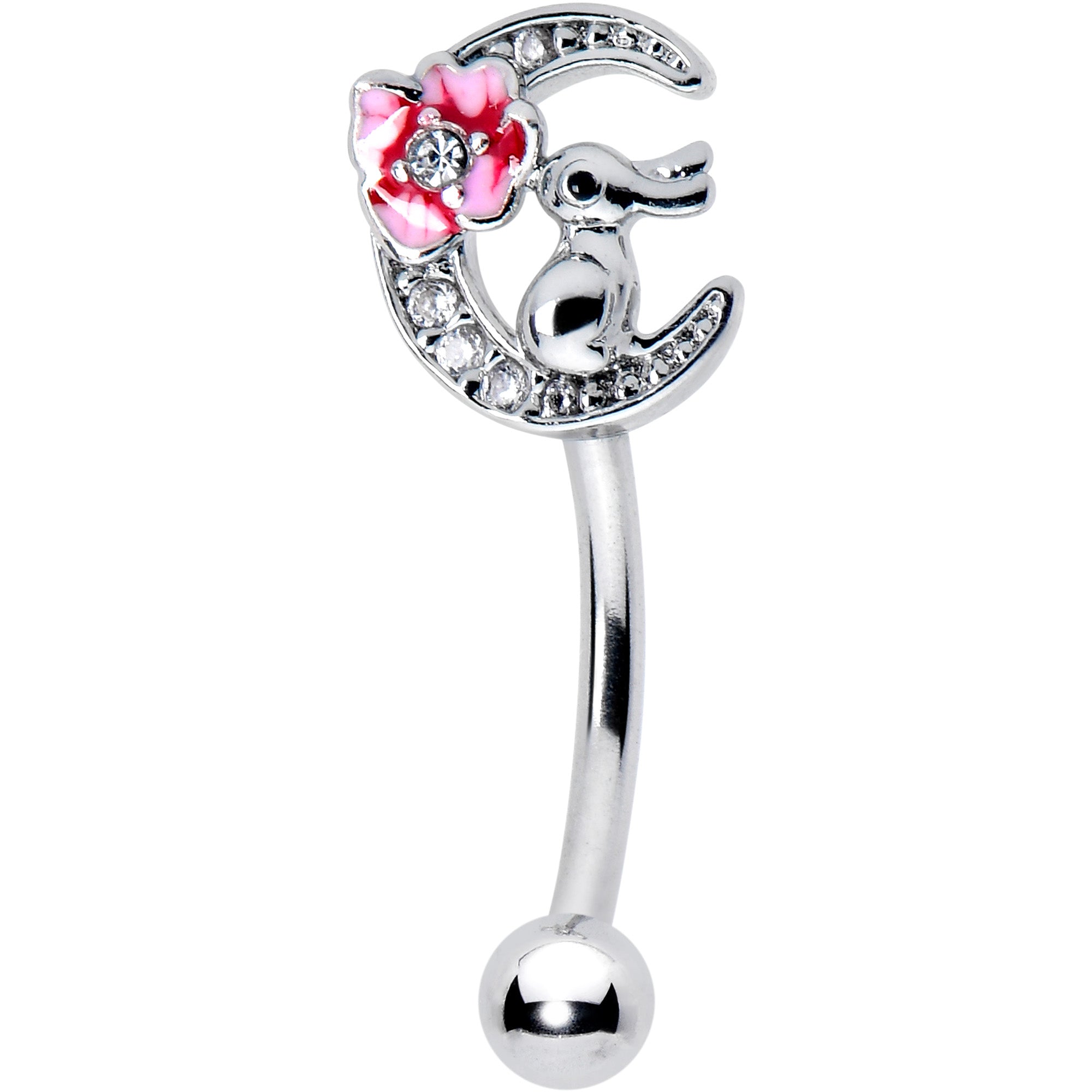 16 Gauge 5/16 Clear CZ Gem Rabbit On The Moon Pink Curved Eyebrow Ring