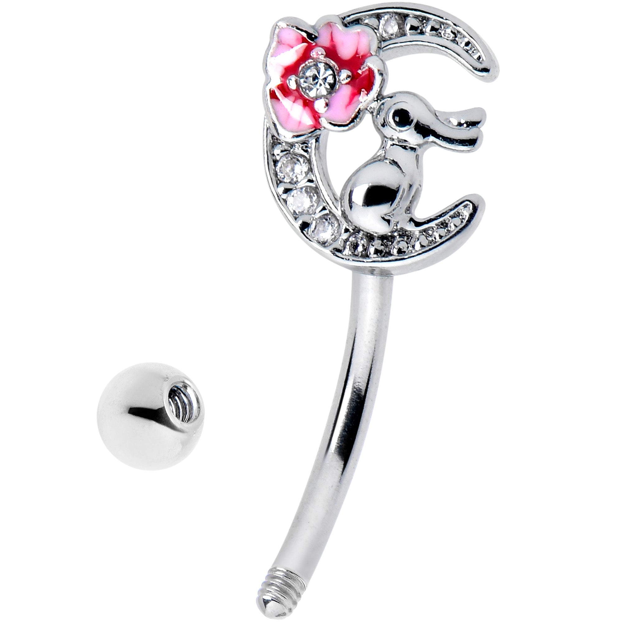 16 Gauge 5/16 Clear CZ Gem Rabbit On The Moon Pink Curved Eyebrow Ring