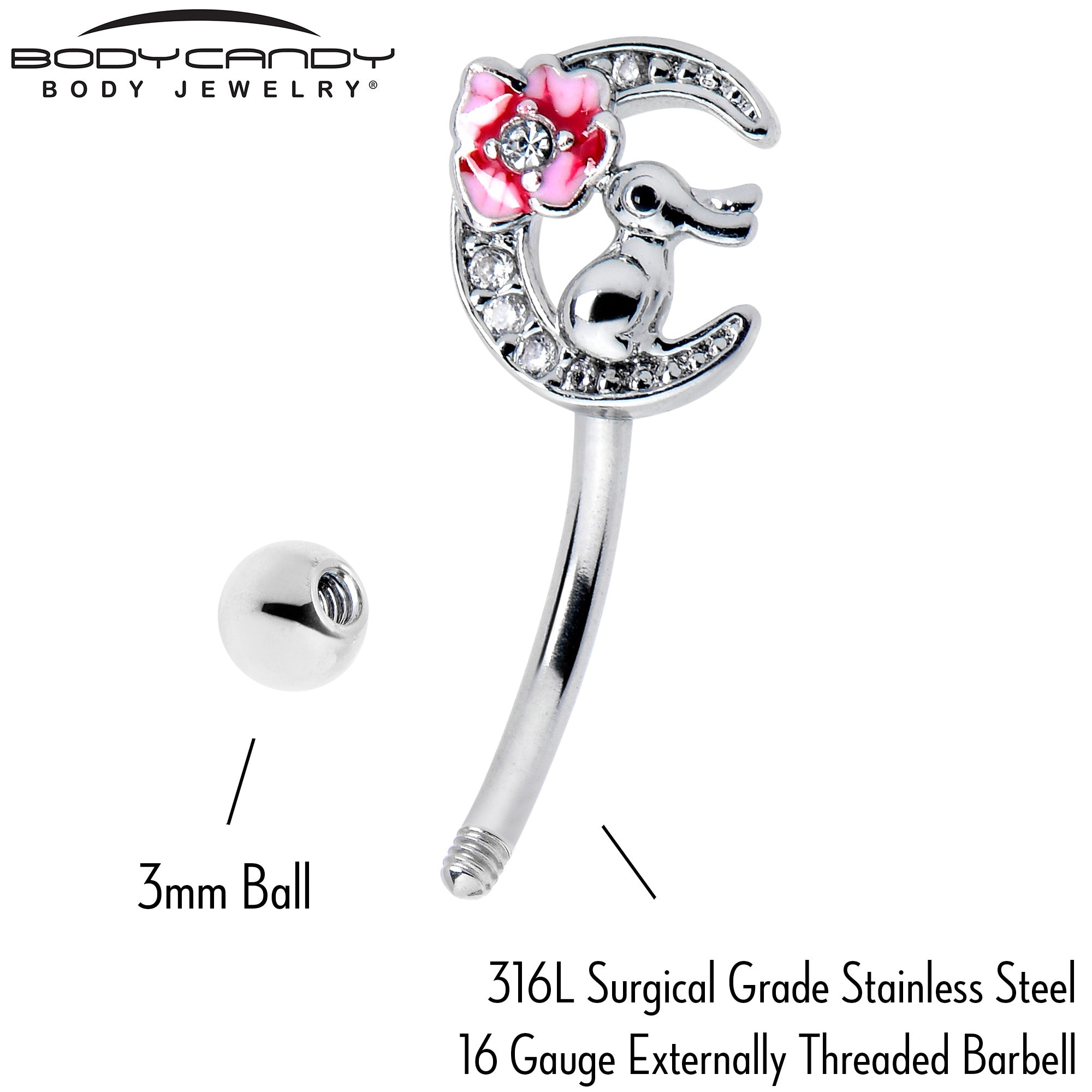 16 Gauge 5/16 Clear CZ Gem Rabbit On The Moon Pink Curved Eyebrow Ring