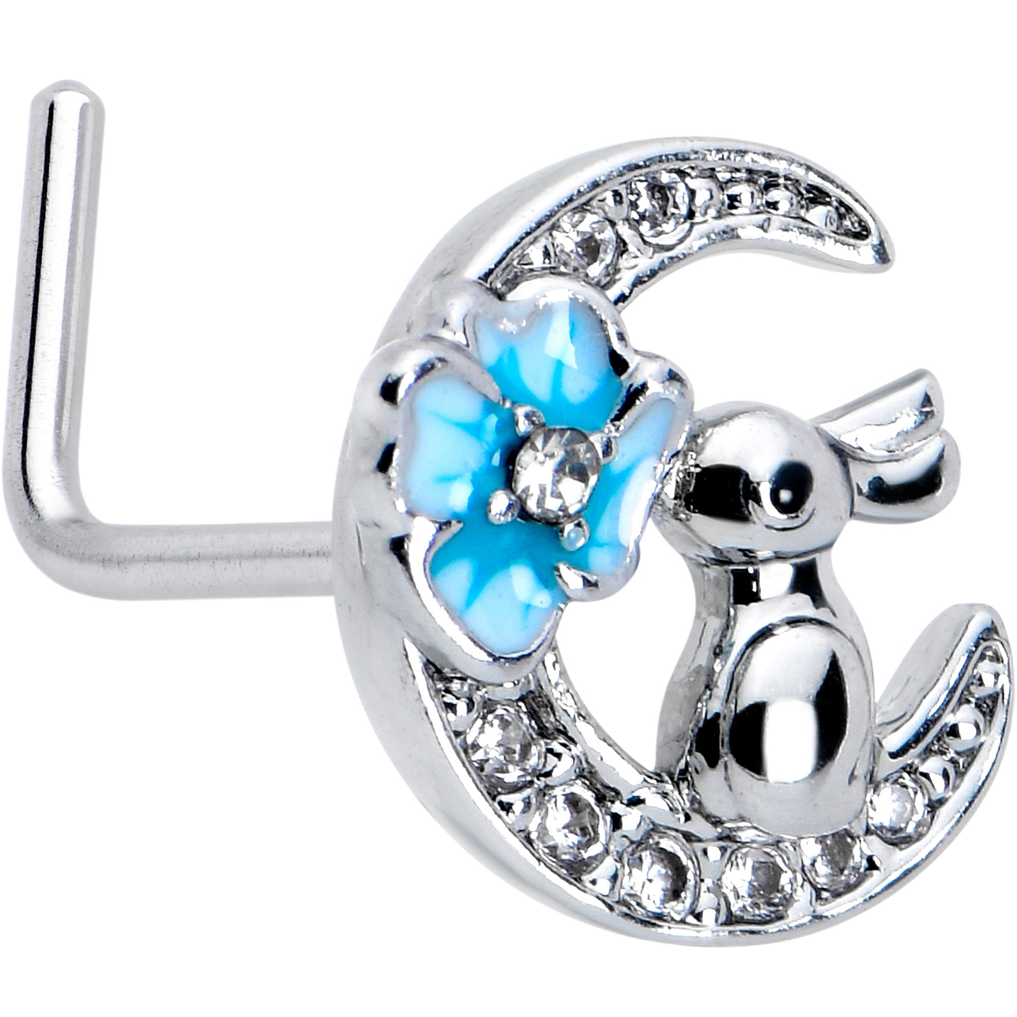 20 Gauge 7mm Clear CZ Gem Rabbit On The Moon Blue L Shape Nose Ring