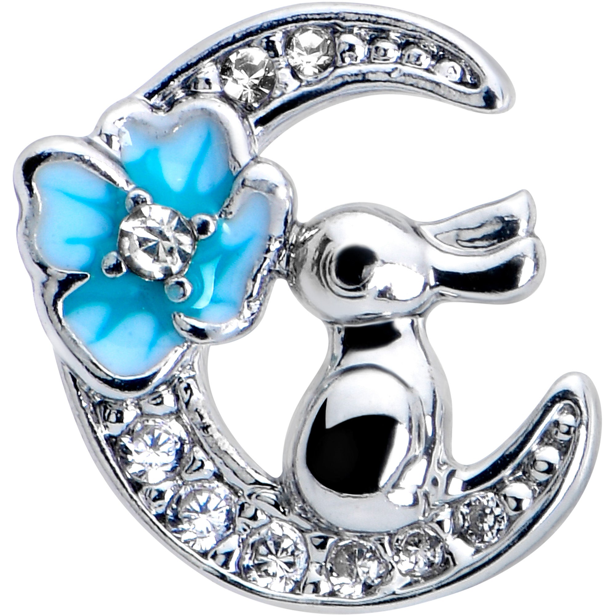 20 Gauge 7mm Clear CZ Gem Rabbit On The Moon Blue L Shape Nose Ring