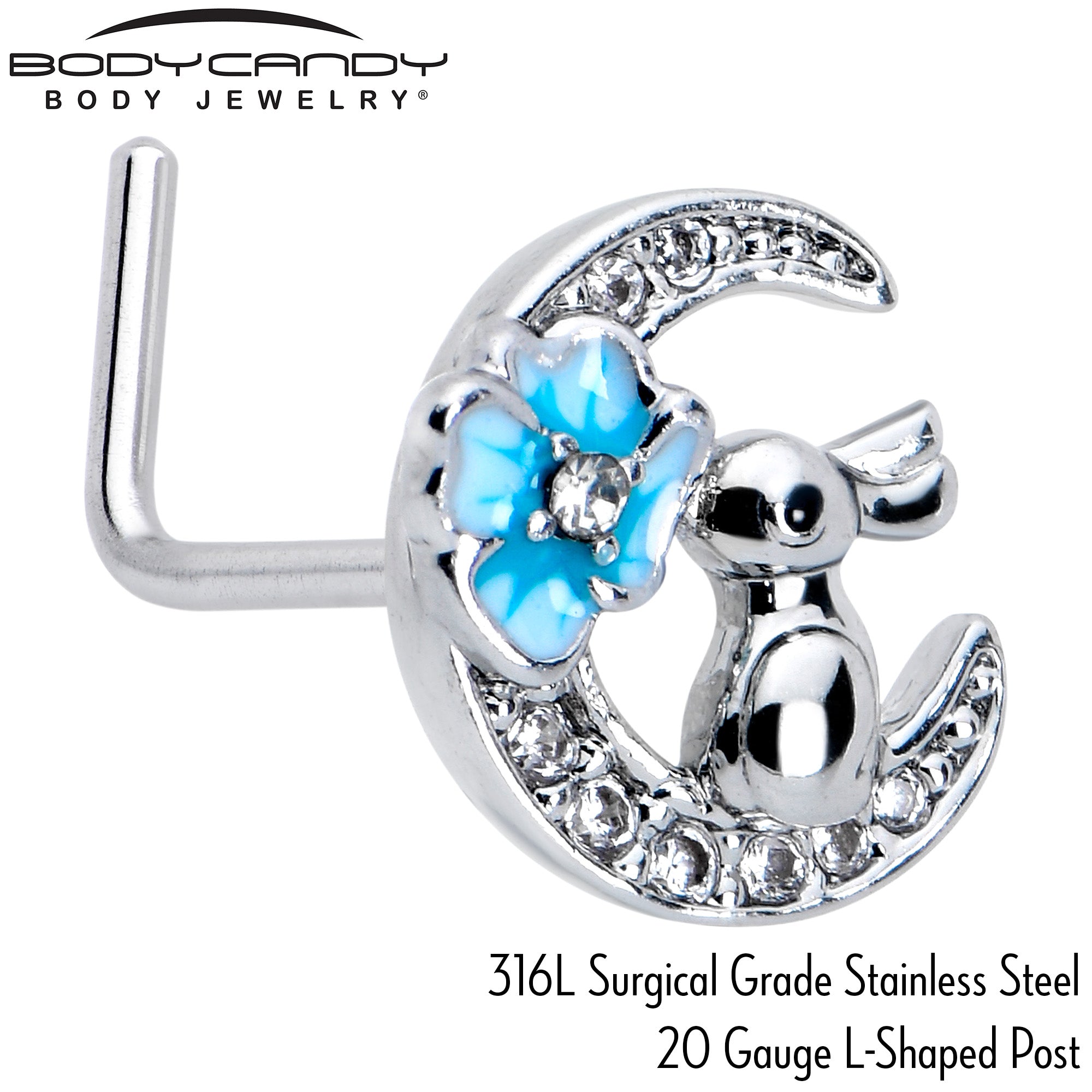 20 Gauge 7mm Clear CZ Gem Rabbit On The Moon Blue L Shape Nose Ring