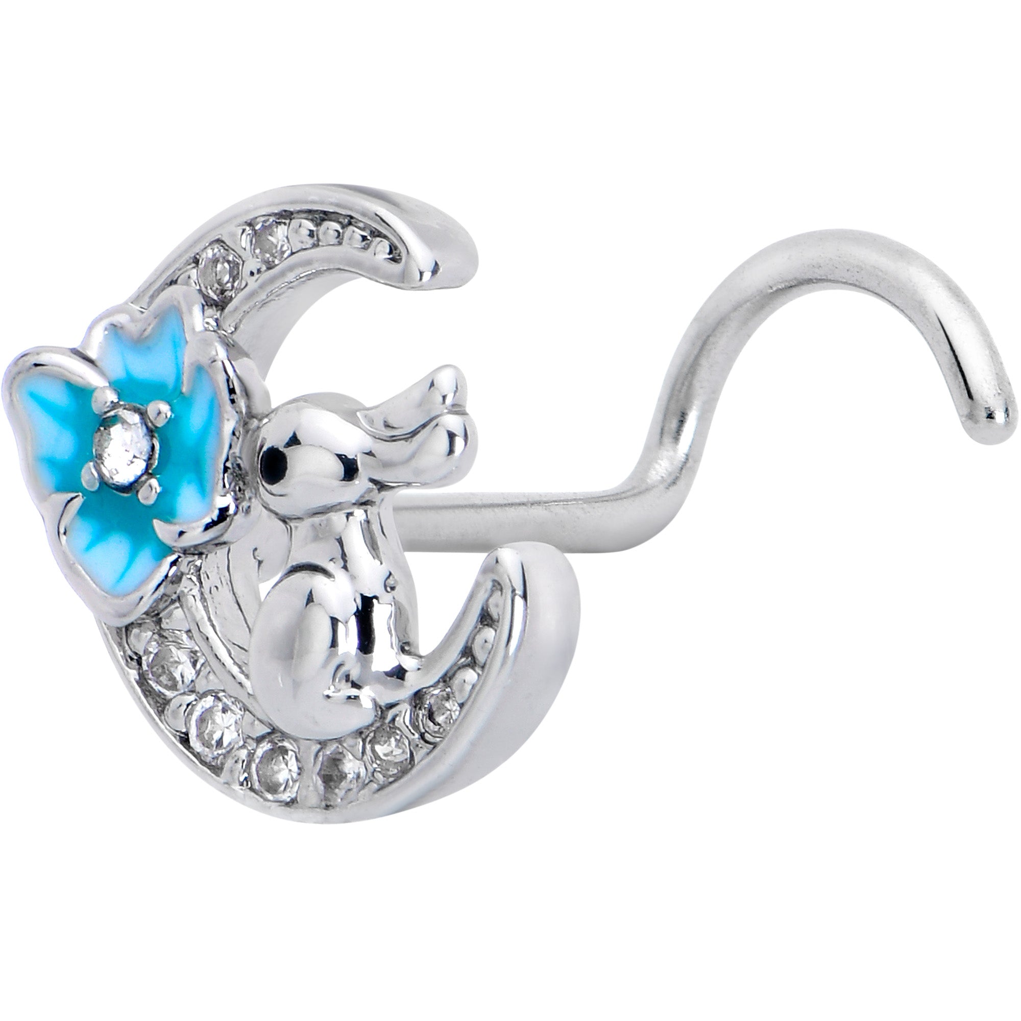 20 Gauge 7mm Clear CZ Gem Rabbit On The Moon Blue Left Side Nose Screw