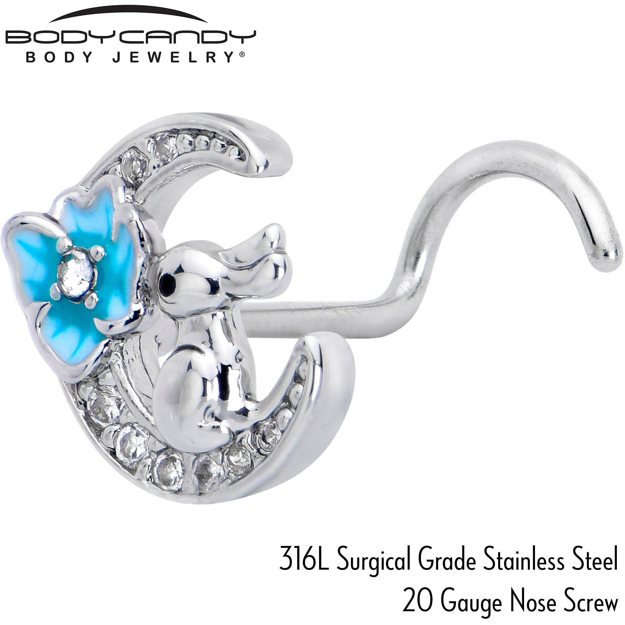 20 Gauge 7mm Clear CZ Gem Rabbit On The Moon Blue Left Side Nose Screw