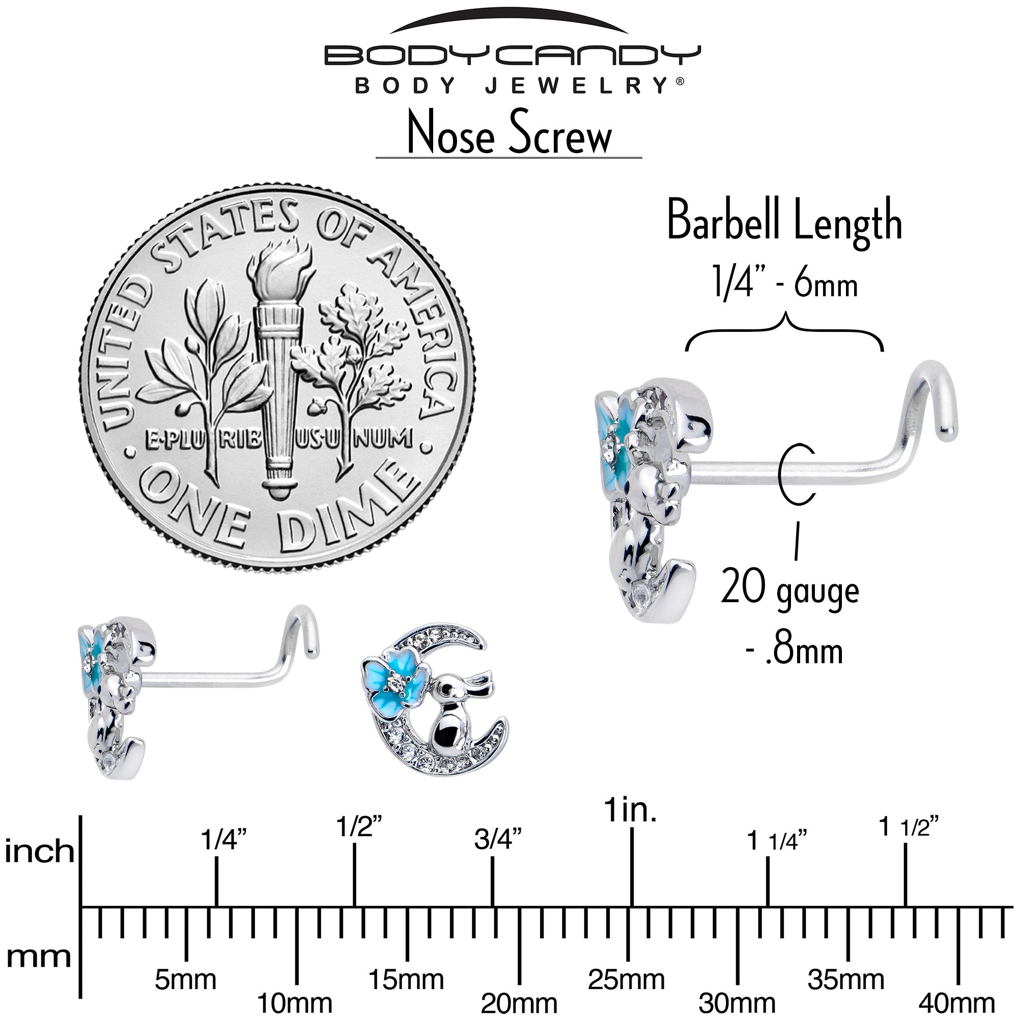 20 Gauge 7mm Clear CZ Gem Rabbit On The Moon Blue Left Side Nose Screw