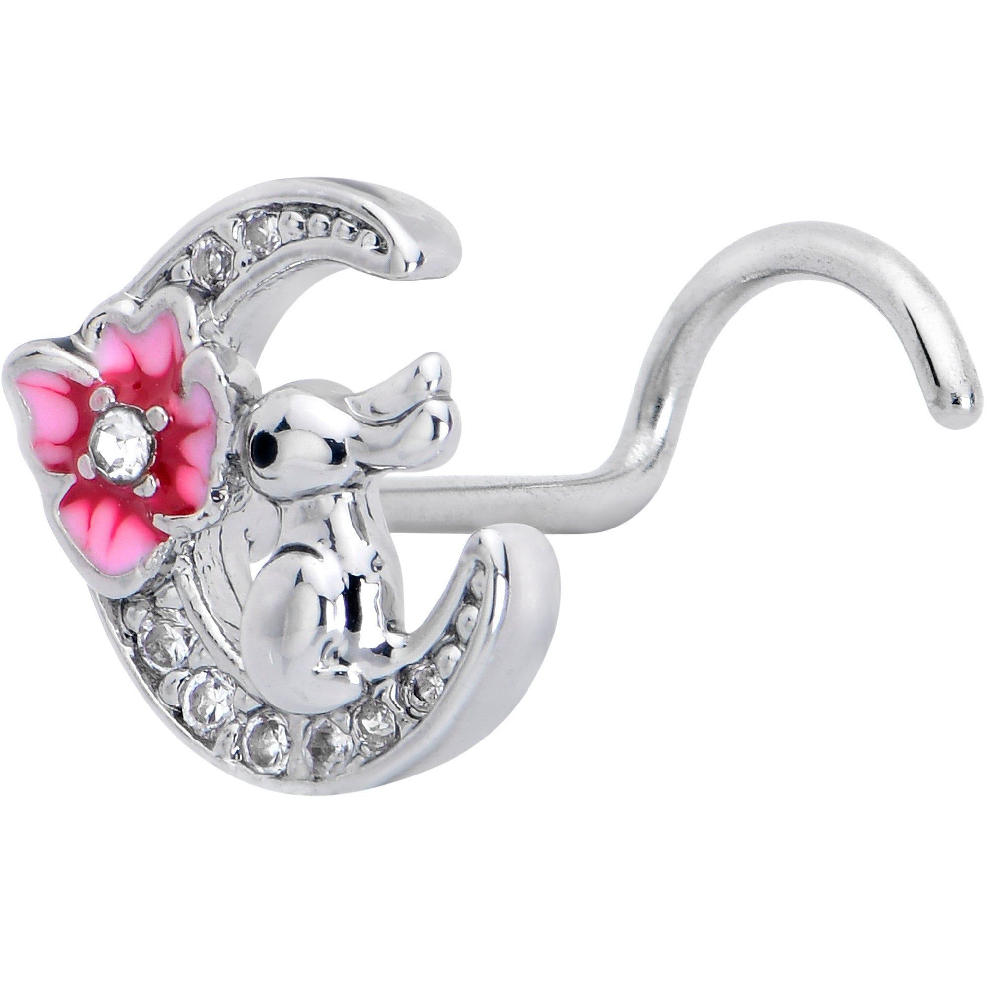 20 Gauge 7mm Clear CZ Gem Rabbit On The Moon Pink Left Side Nose Screw