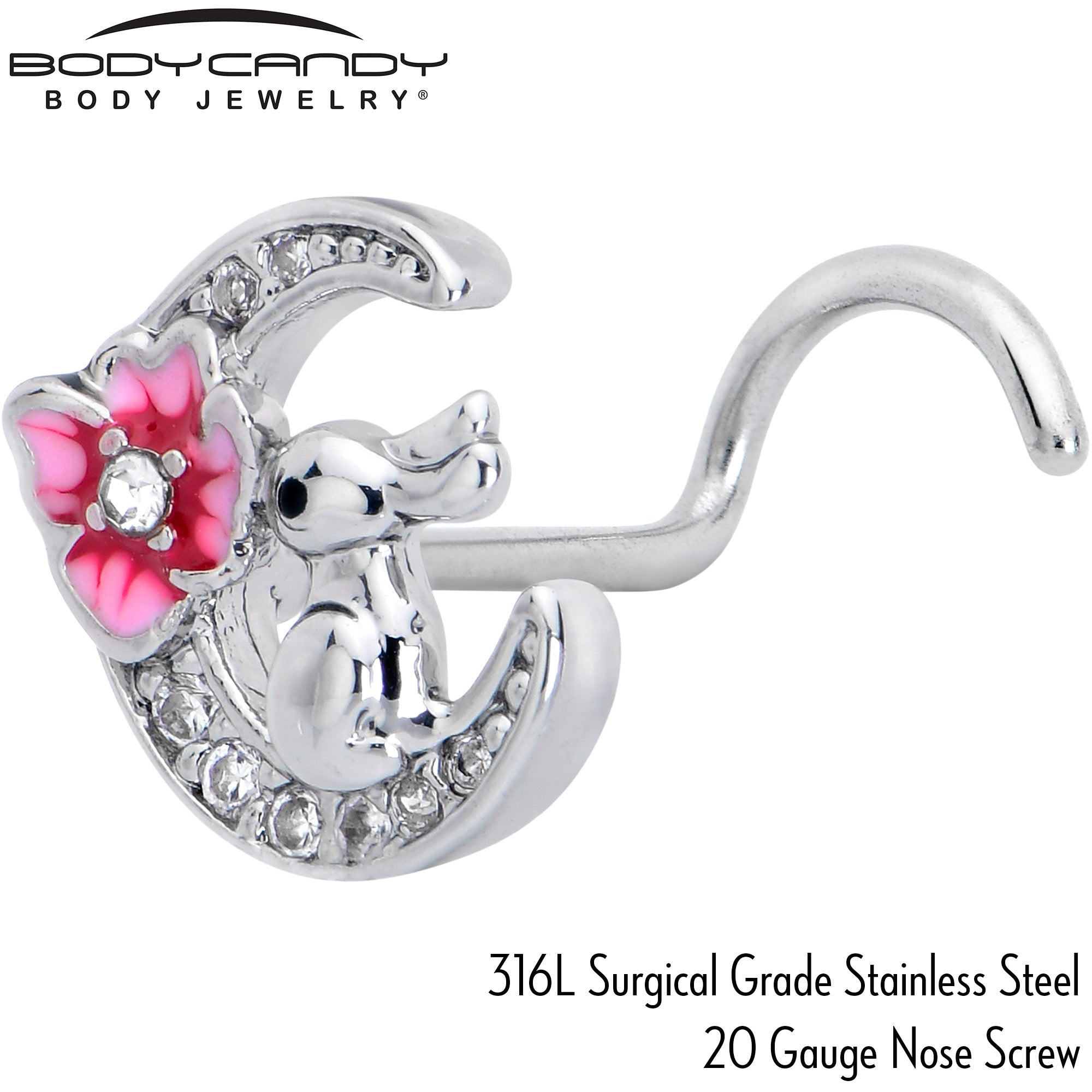 20 Gauge 7mm Clear CZ Gem Rabbit On The Moon Pink Left Side Nose Screw