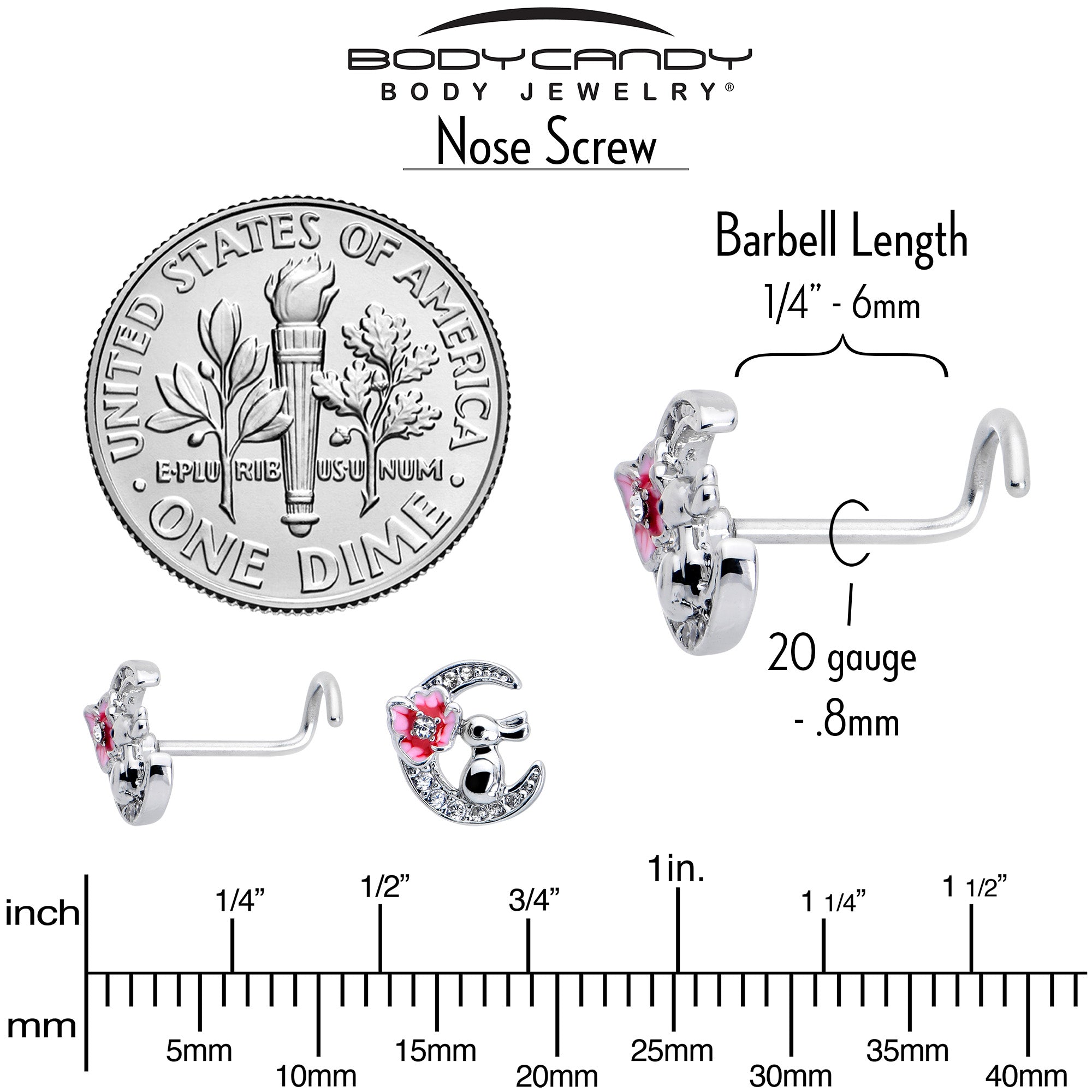 20 Gauge 7mm Clear CZ Gem Rabbit On The Moon Pink Left Side Nose Screw