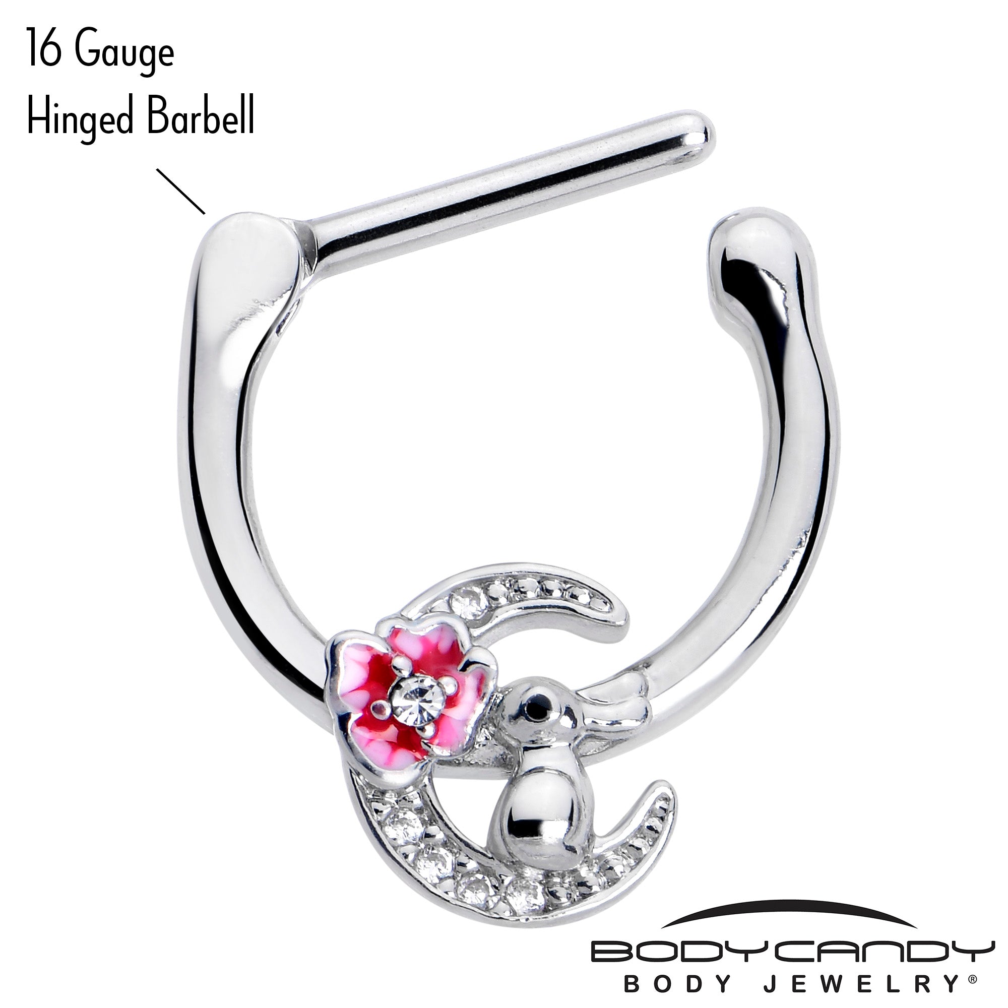 16 Gauge 5/16 Clear CZ Gem Rabbit On The Moon Pink Cartilage Clicker