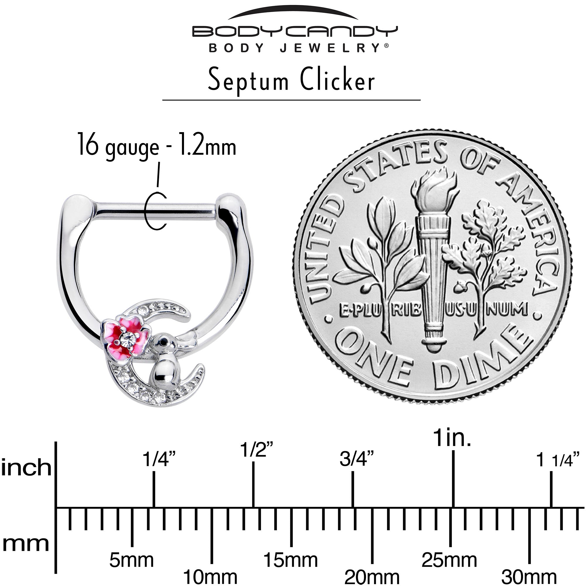 16 Gauge 5/16 Clear CZ Gem Rabbit On The Moon Pink Cartilage Clicker