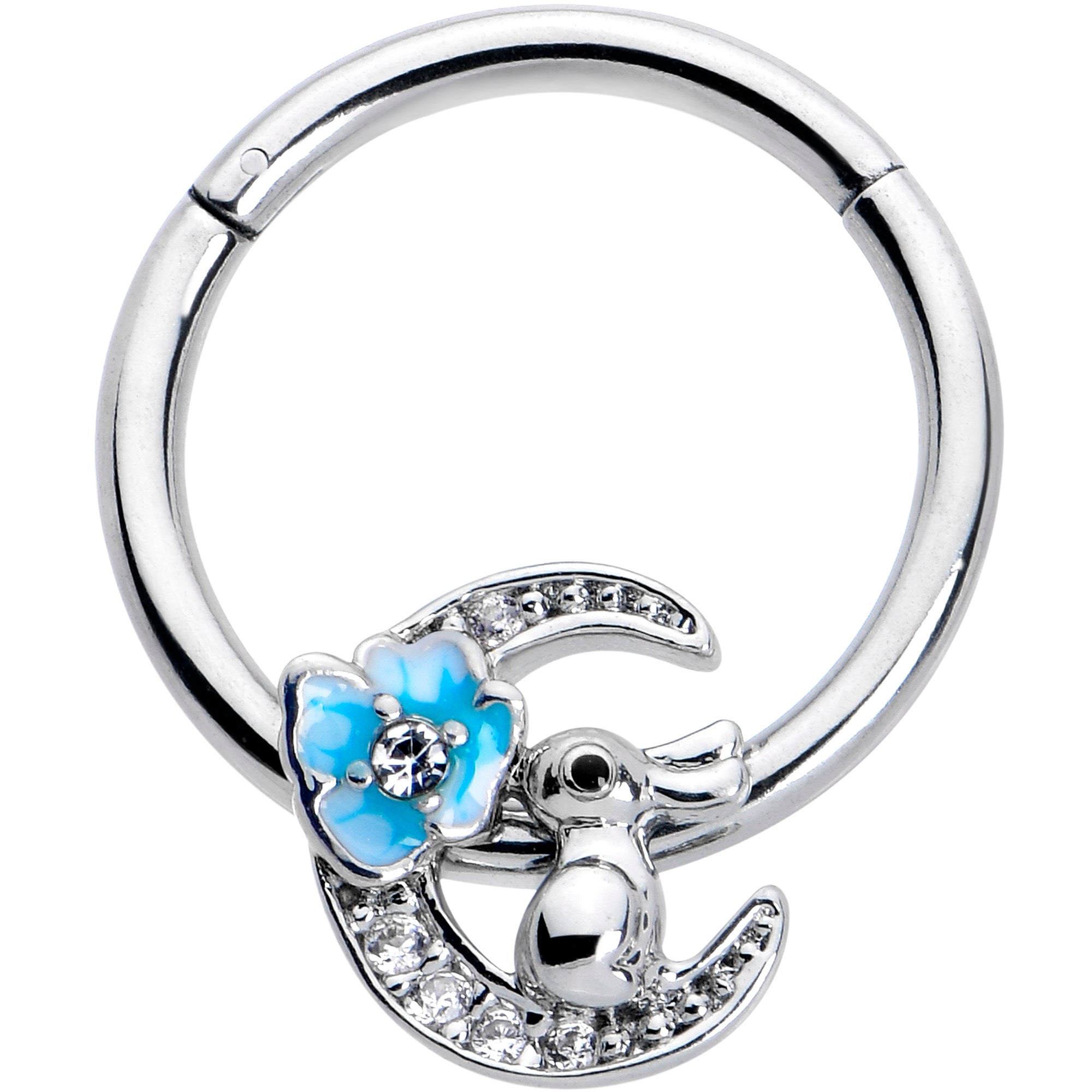 16 Gauge 3/8 Clear CZ Gem Rabbit On The Moon Blue Hinged Segment Ring