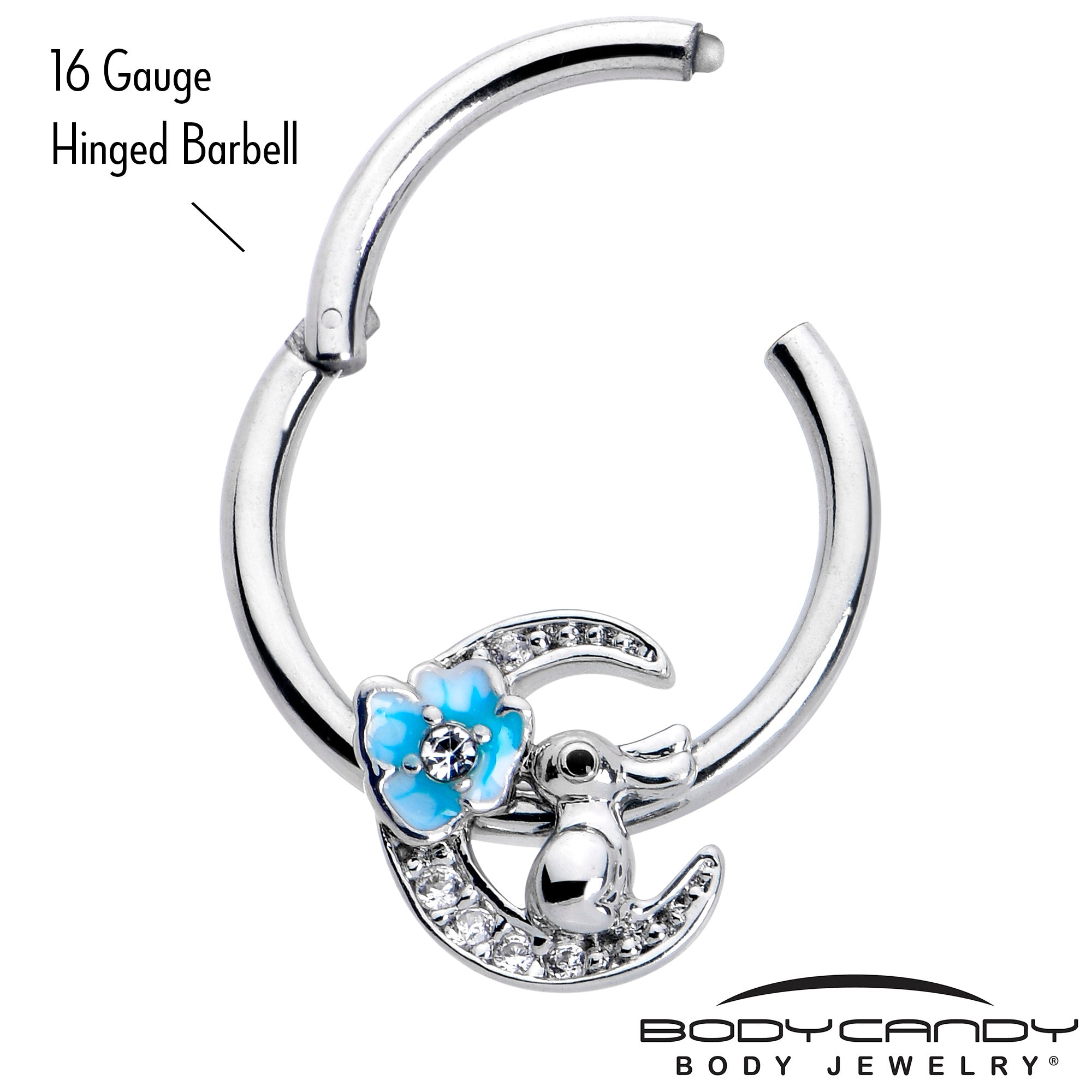 16 Gauge 3/8 Clear CZ Gem Rabbit On The Moon Blue Hinged Segment Ring