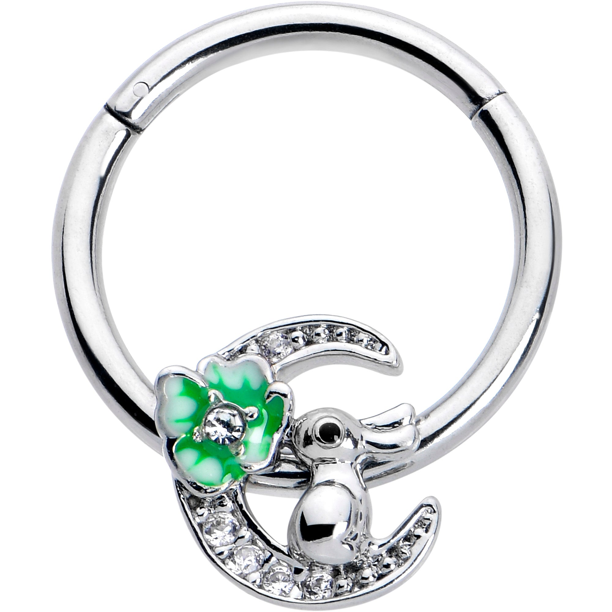 16 Gauge 3/8 Clear CZ Gem Rabbit On The Moon Green Hinged Segment Ring