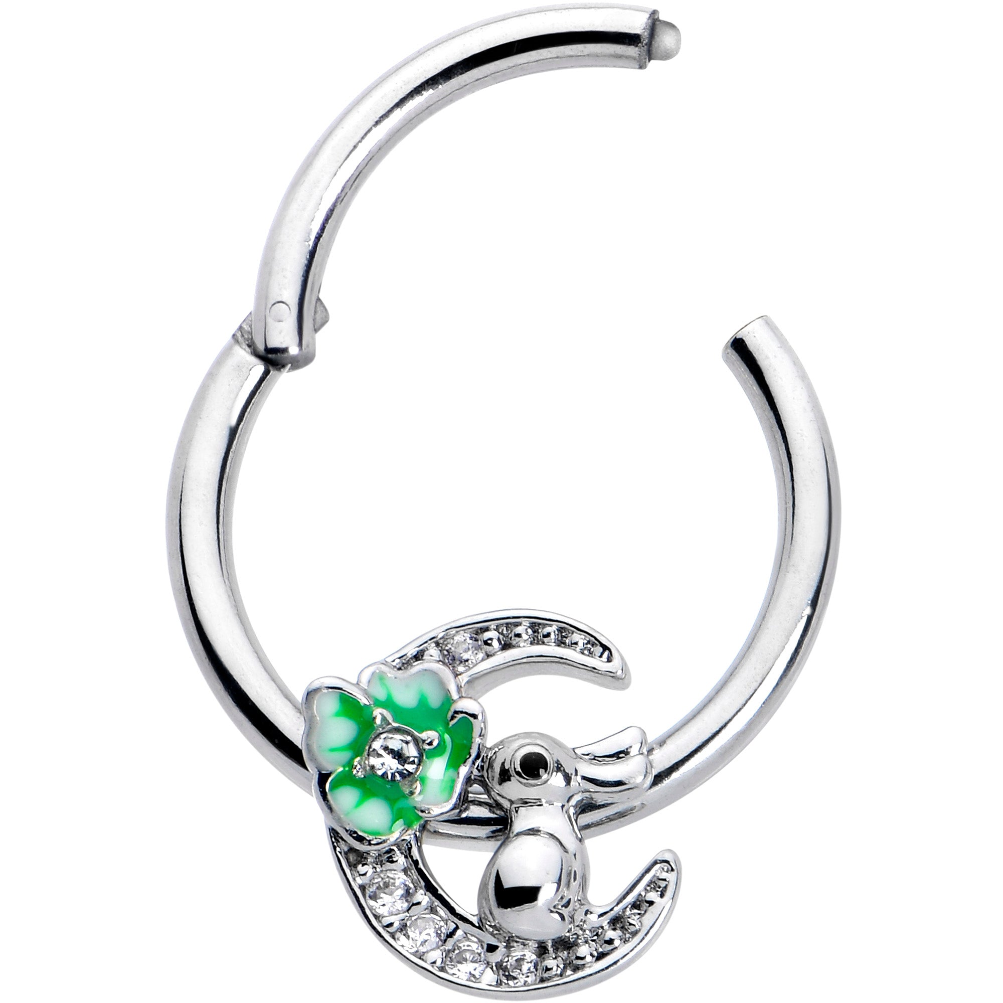 16 Gauge 3/8 Clear CZ Gem Rabbit On The Moon Green Hinged Segment Ring