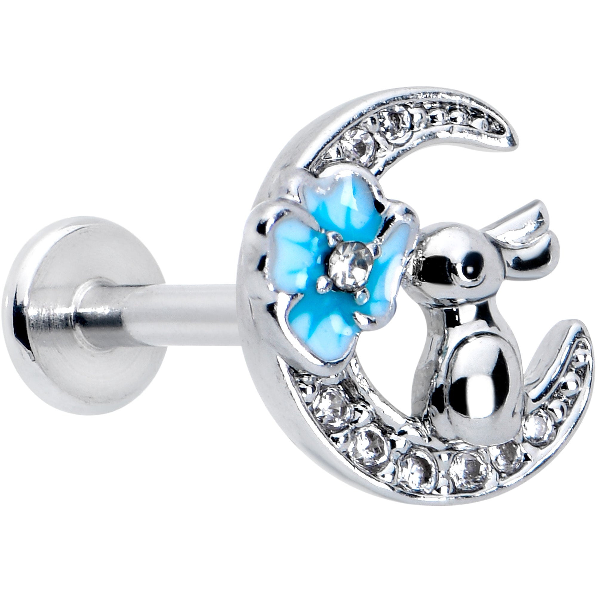 16 Gauge 5/16 Clear CZ Gem Rabbit Moon Blue Internally Threaded Labret