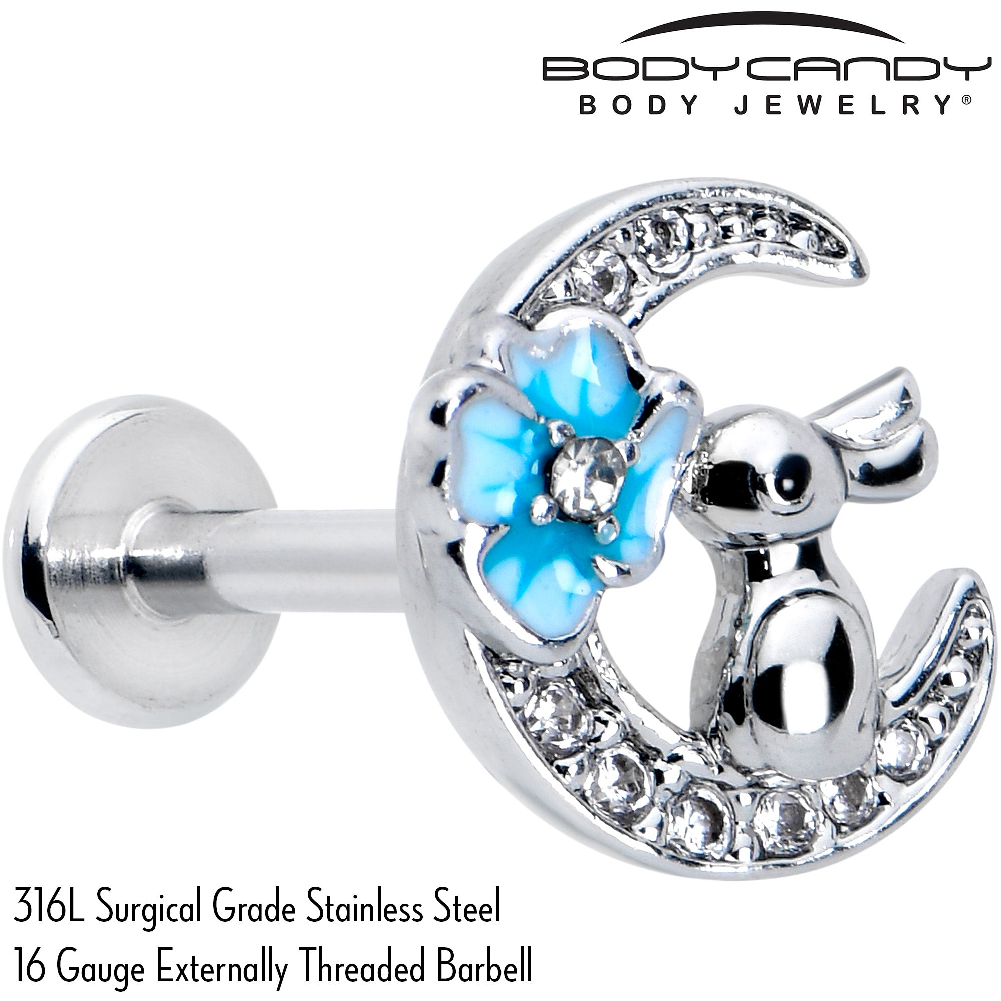 16 Gauge 5/16 Clear CZ Gem Rabbit Moon Blue Internally Threaded Labret