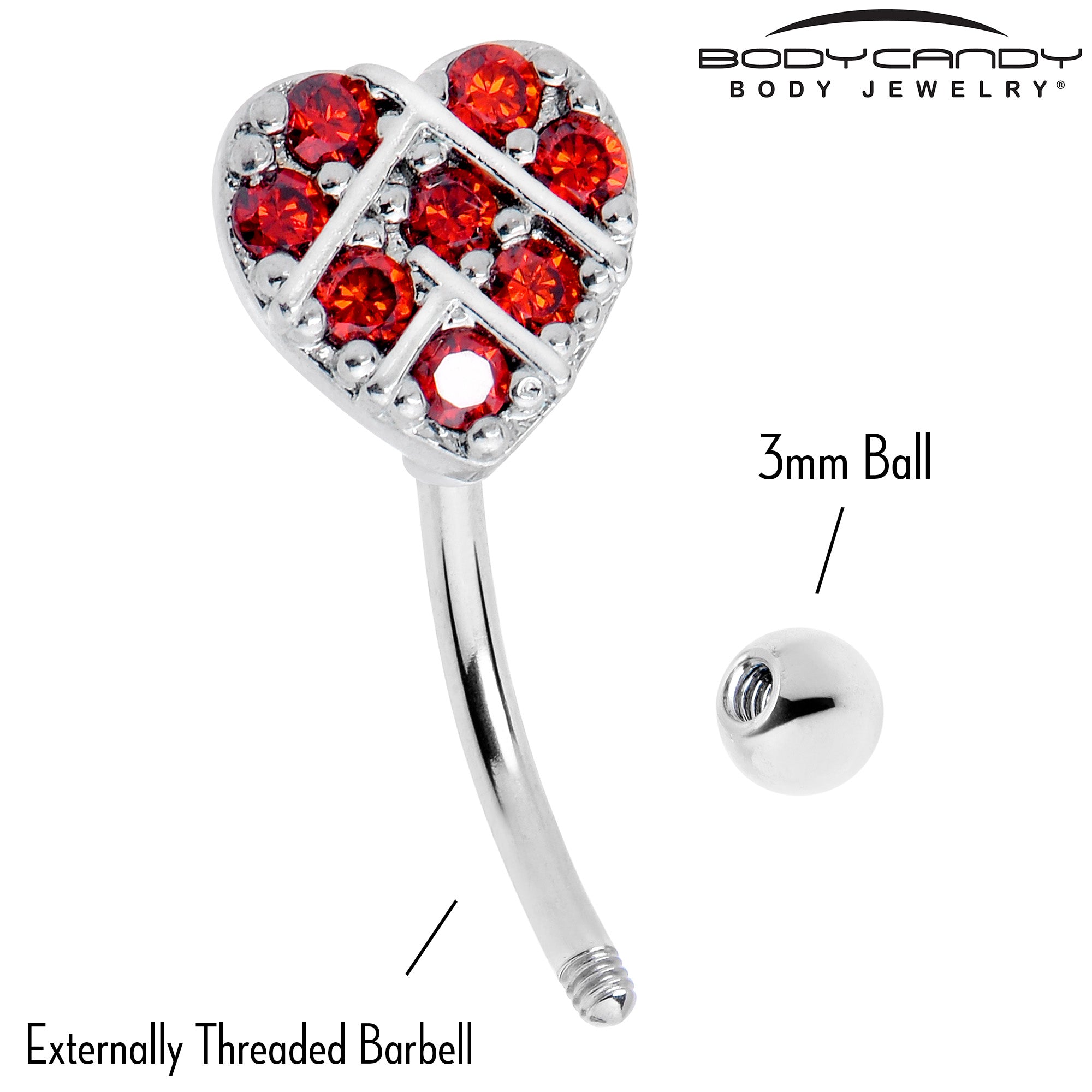 16 Gauge 5/16 Red Gem Lattice Heart Curved Eyebrow Ring