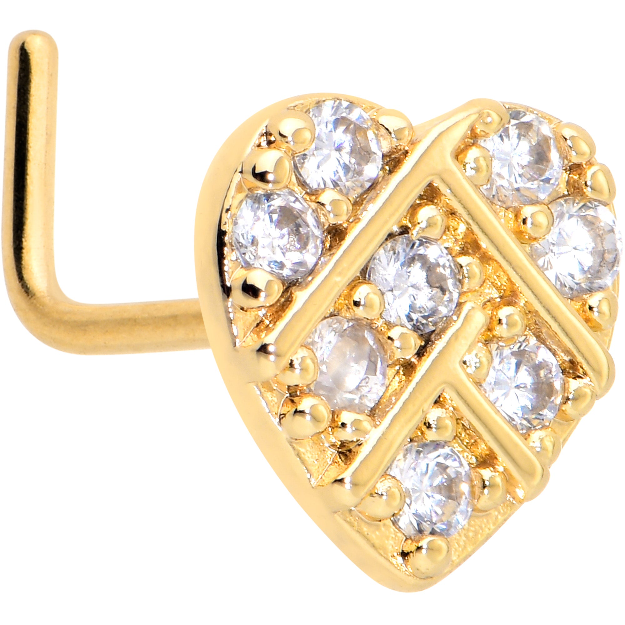 20 Gauge 7mm Clear Gem Gold Tone Lattice Heart L Shape Nose Ring