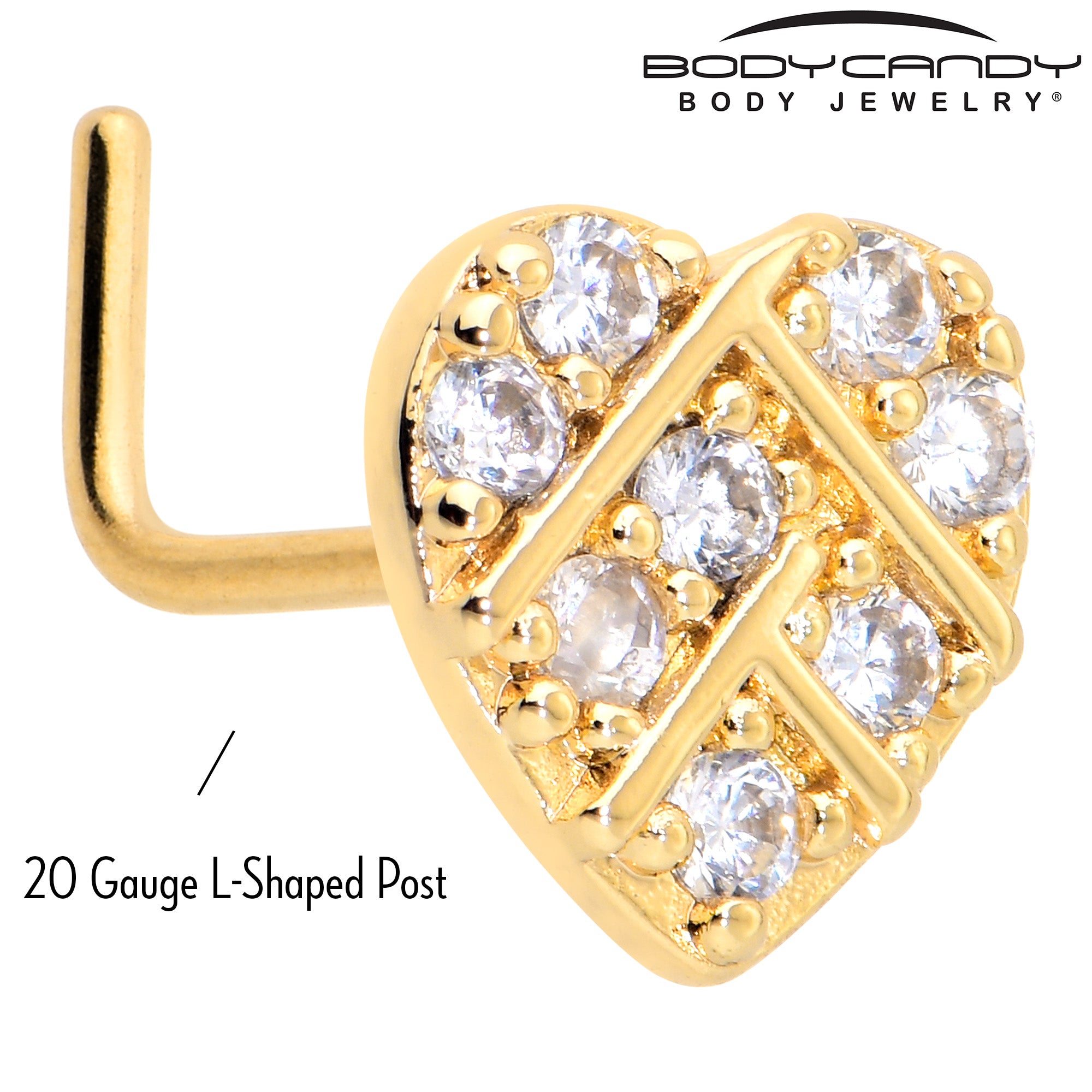 20 Gauge 7mm Clear Gem Gold Tone Lattice Heart L Shape Nose Ring