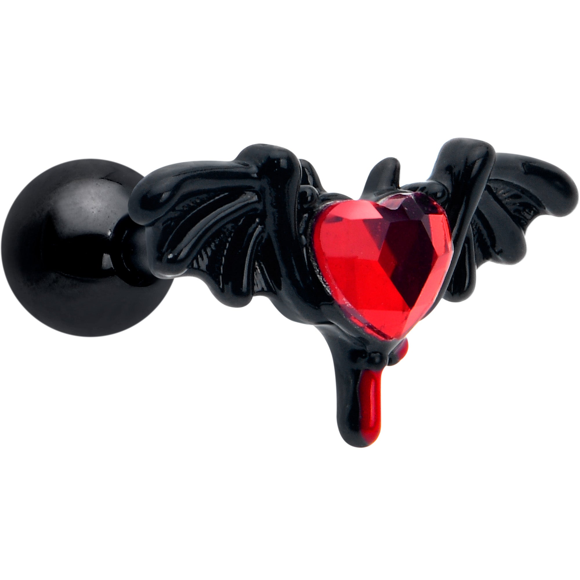 16 Gauge 1/4 Red Gem Black Bleeding Heart Bat Cartilage Tragus Earring