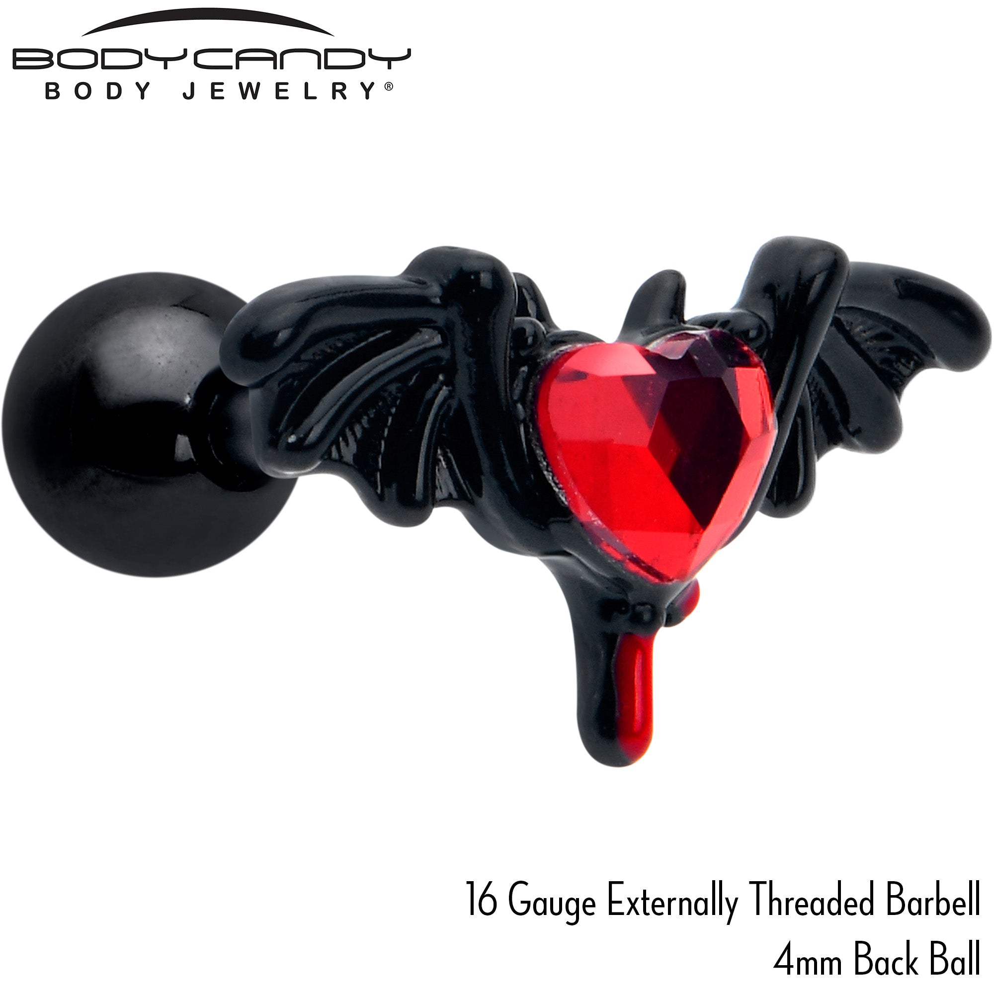 16 Gauge 1/4 Red Gem Black Bleeding Heart Bat Cartilage Tragus Earring