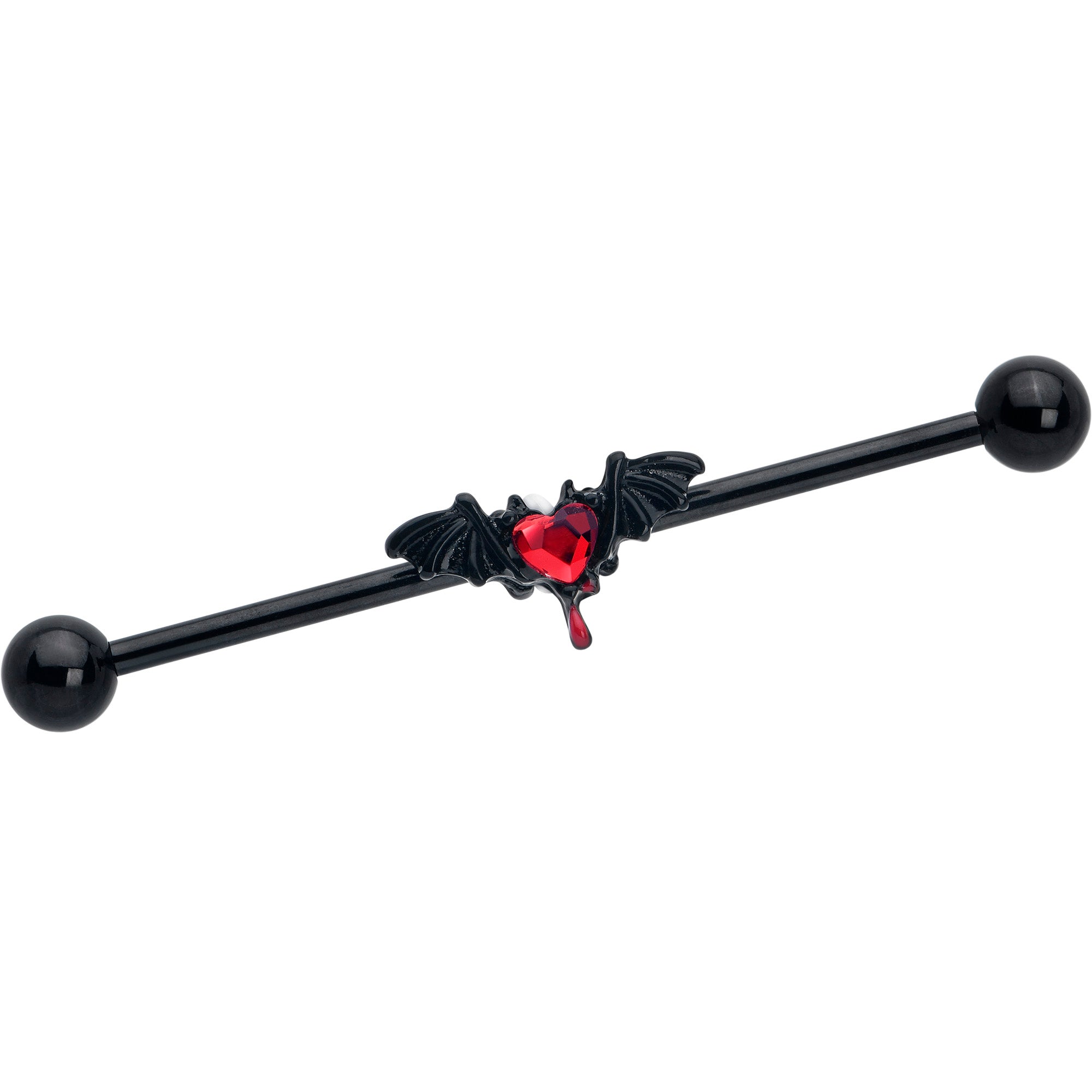 14 Gauge Red Gem Black Bleeding Heart Bat Industrial Barbell 38mm