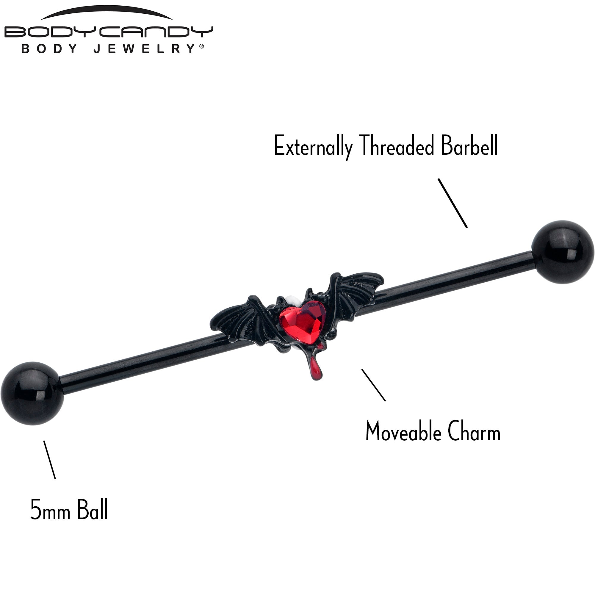 14 Gauge Red Gem Black Bleeding Heart Bat Industrial Barbell 38mm