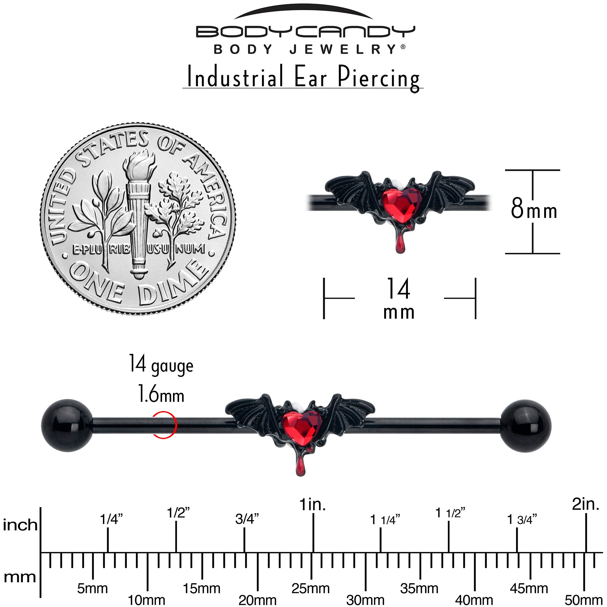 14 Gauge Red Gem Black Bleeding Heart Bat Industrial Barbell 38mm