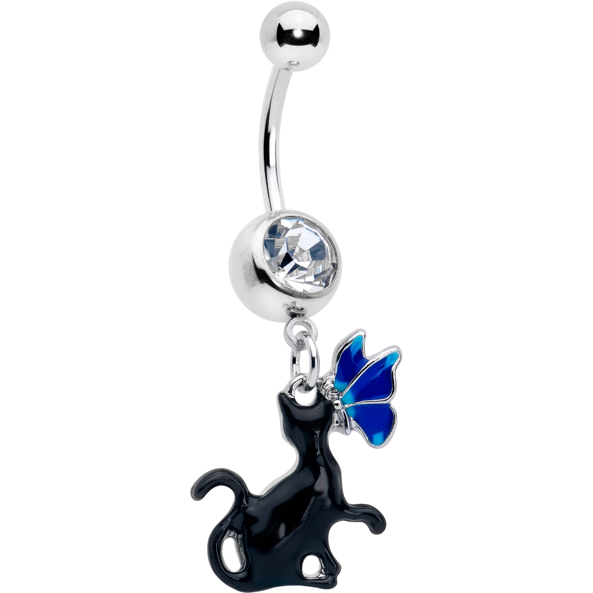 Clear Gem Butterfly Blue Black Cat Dangle Belly Ring