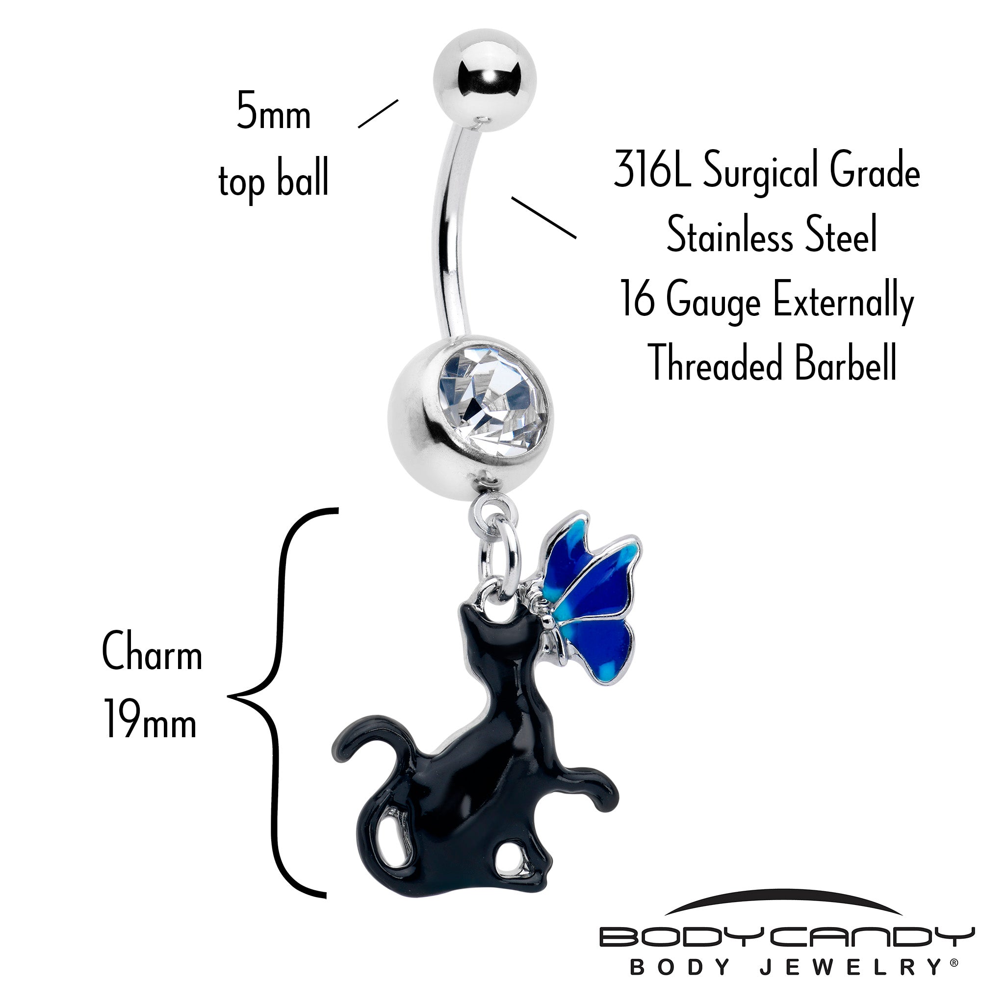 Clear Gem Butterfly Blue Black Cat Dangle Belly Ring