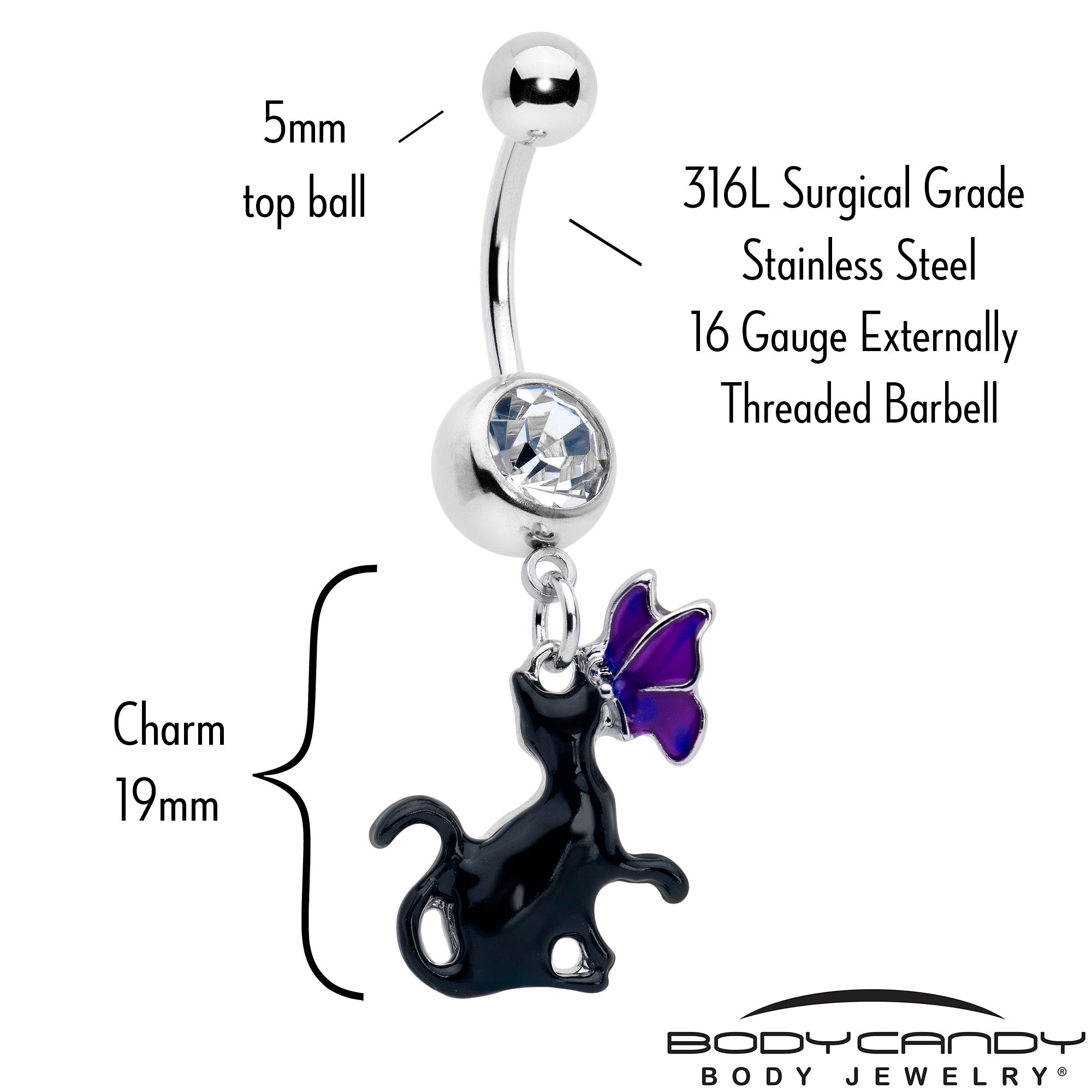 Clear Gem Butterfly Purple Black Cat Dangle Belly Ring