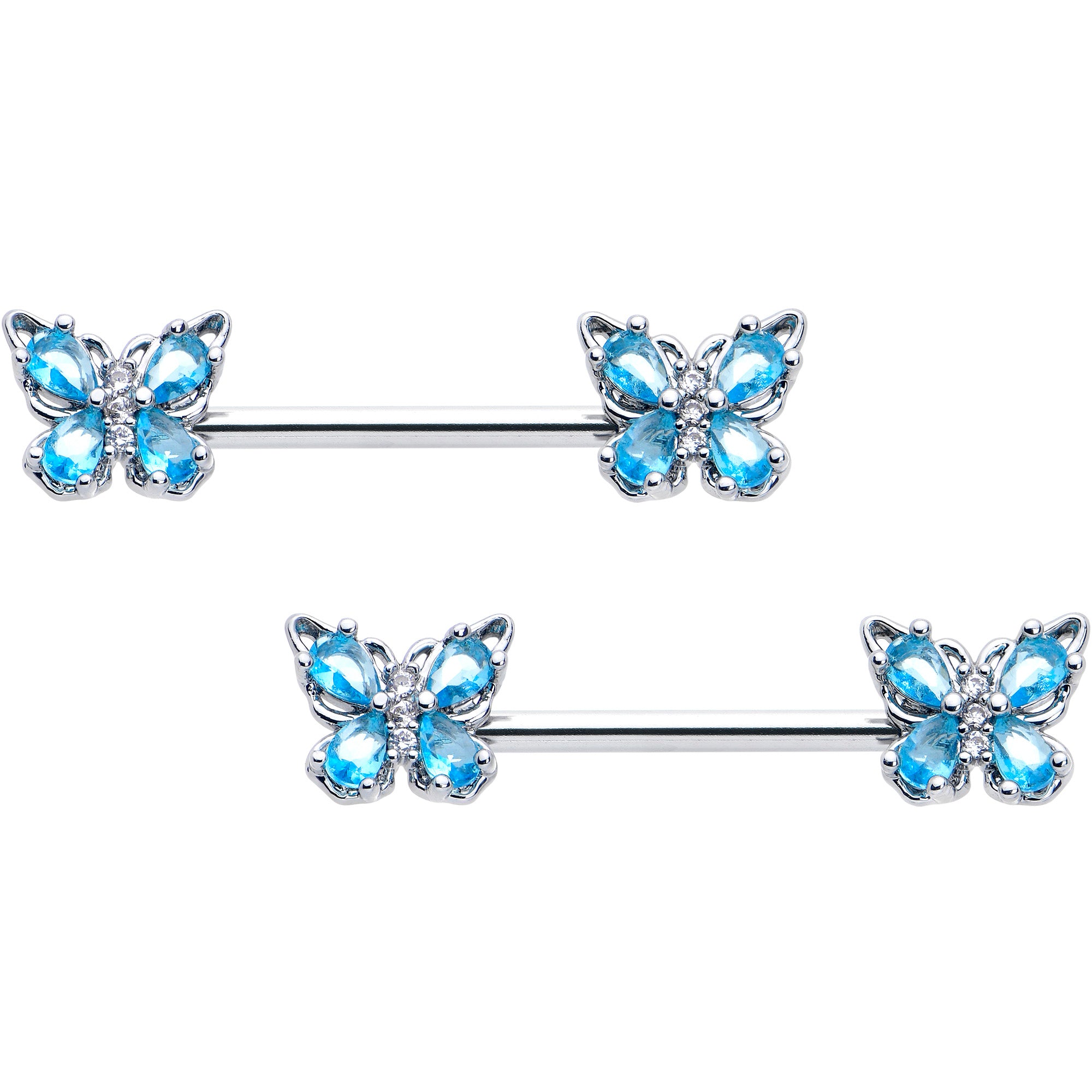 14 Gauge 9/16 Blue Gem Baroque Beauty Butterfly Barbell Nipple Ring Set