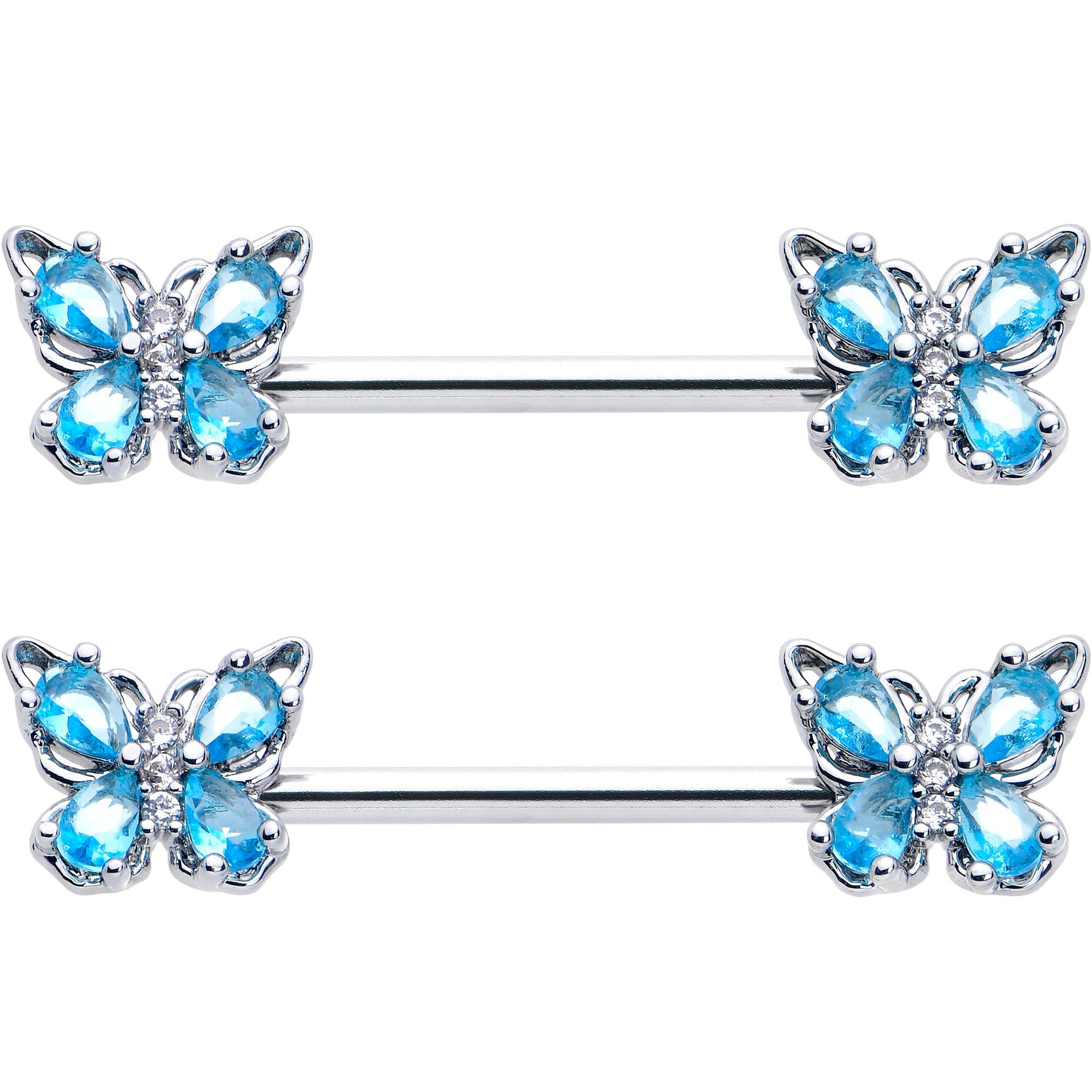 14 Gauge 9/16 Blue Gem Baroque Beauty Butterfly Barbell Nipple Ring Set